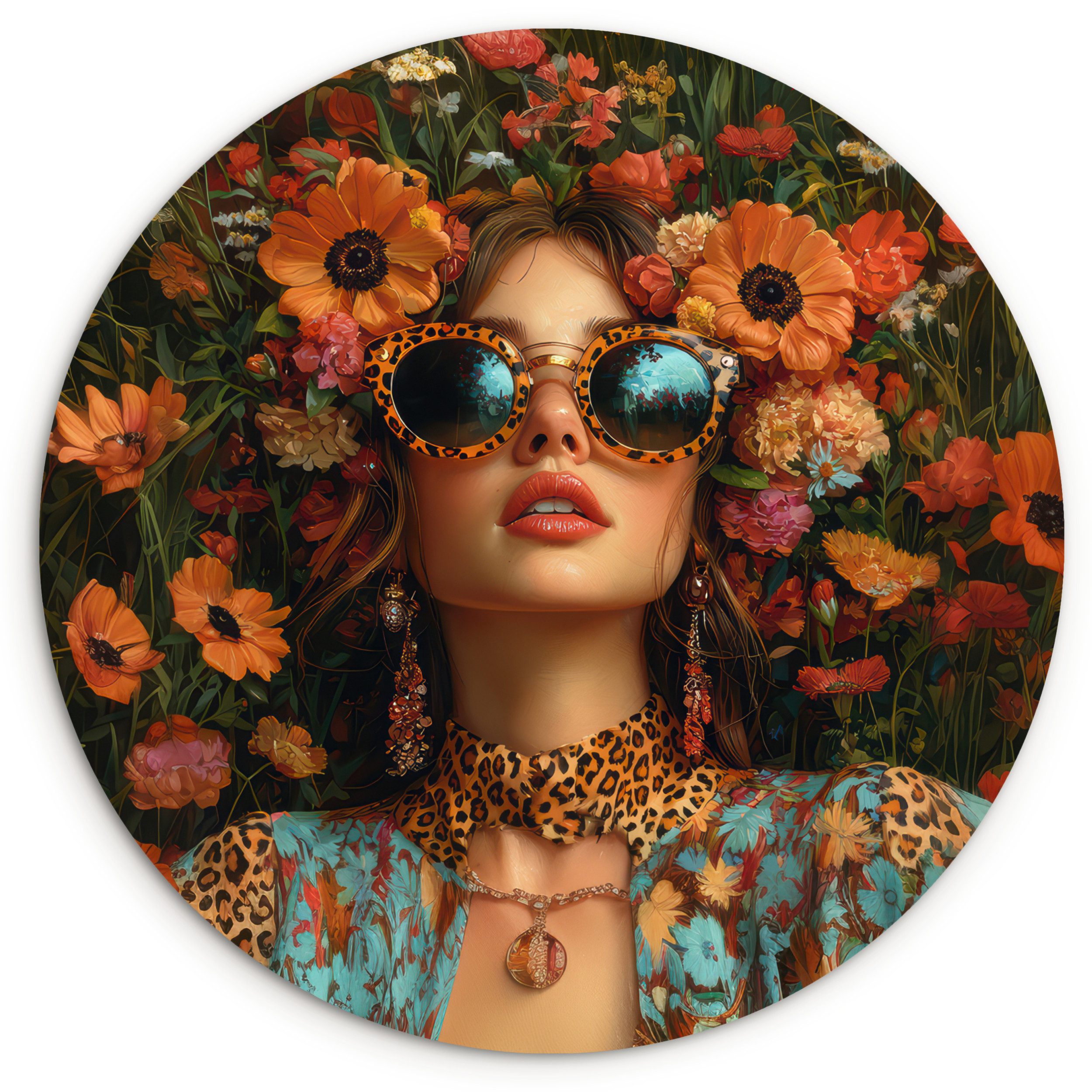 MuchoWow Gemälde Frauen - Blumen - Modern - Brille - Abstrakt, Fotodruck (1 St), Kreis Wanddekoration, Rundes Wandbild, 30x30 cm