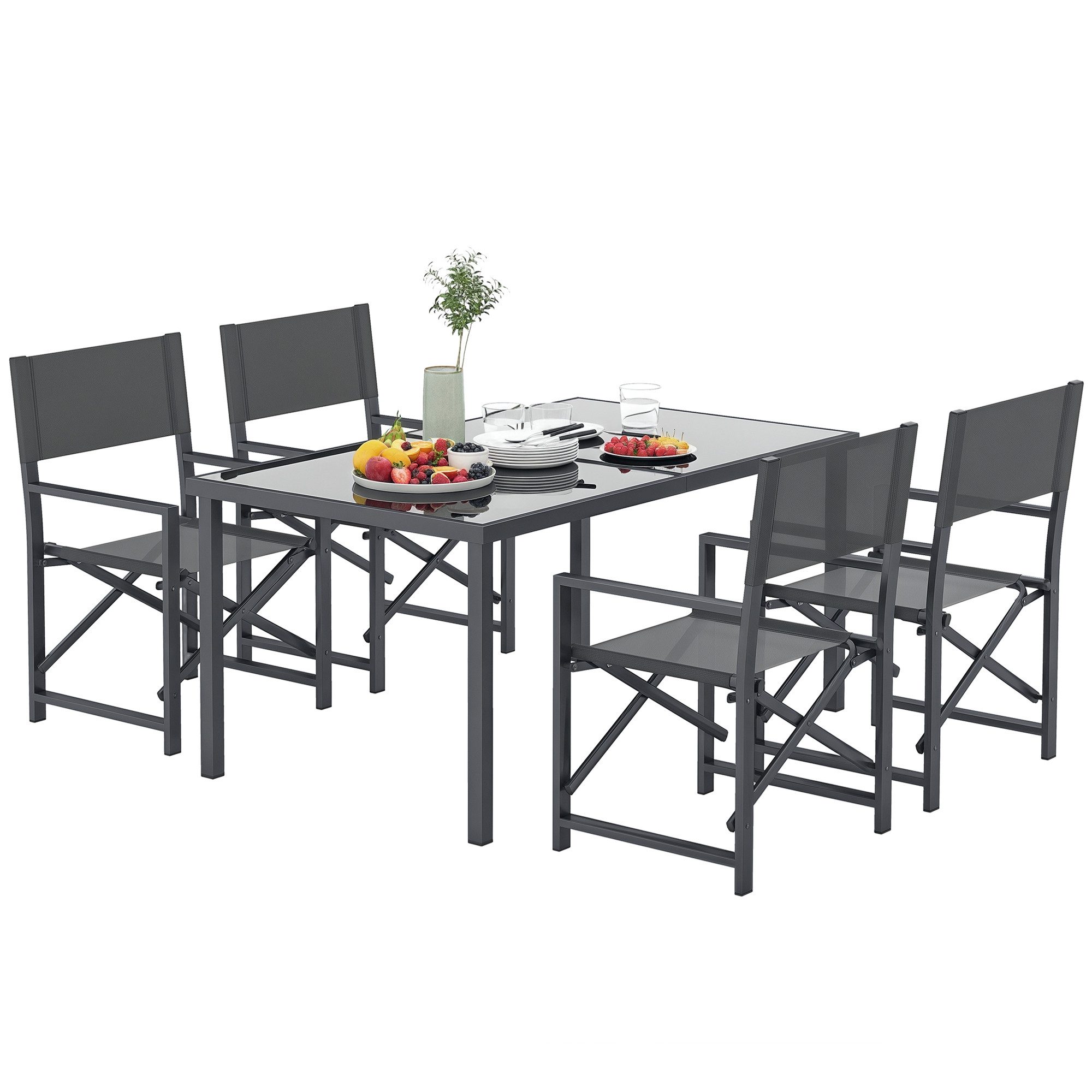 Outsunny Garten-Essgruppe für 4 Personen, mit 4 klappbar Stühlen, Glastisch, (Gartenmöbel-Set aus Stahl, 5-tlg., Sitzgruppe), für Terrasse, Balkon Grau