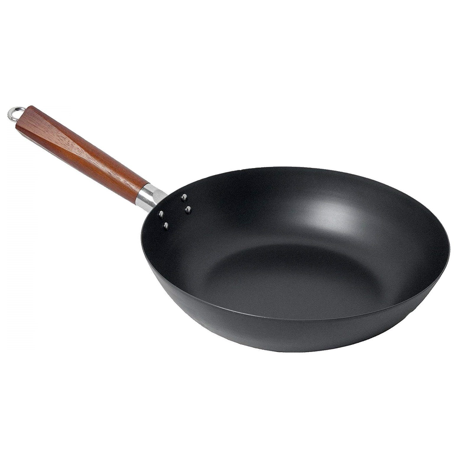 AAF Nommel Wok Wok Pfanne 30 cm Ø Carbon Stahl flacher Boden Eingebrannt, Karbon-Stahl