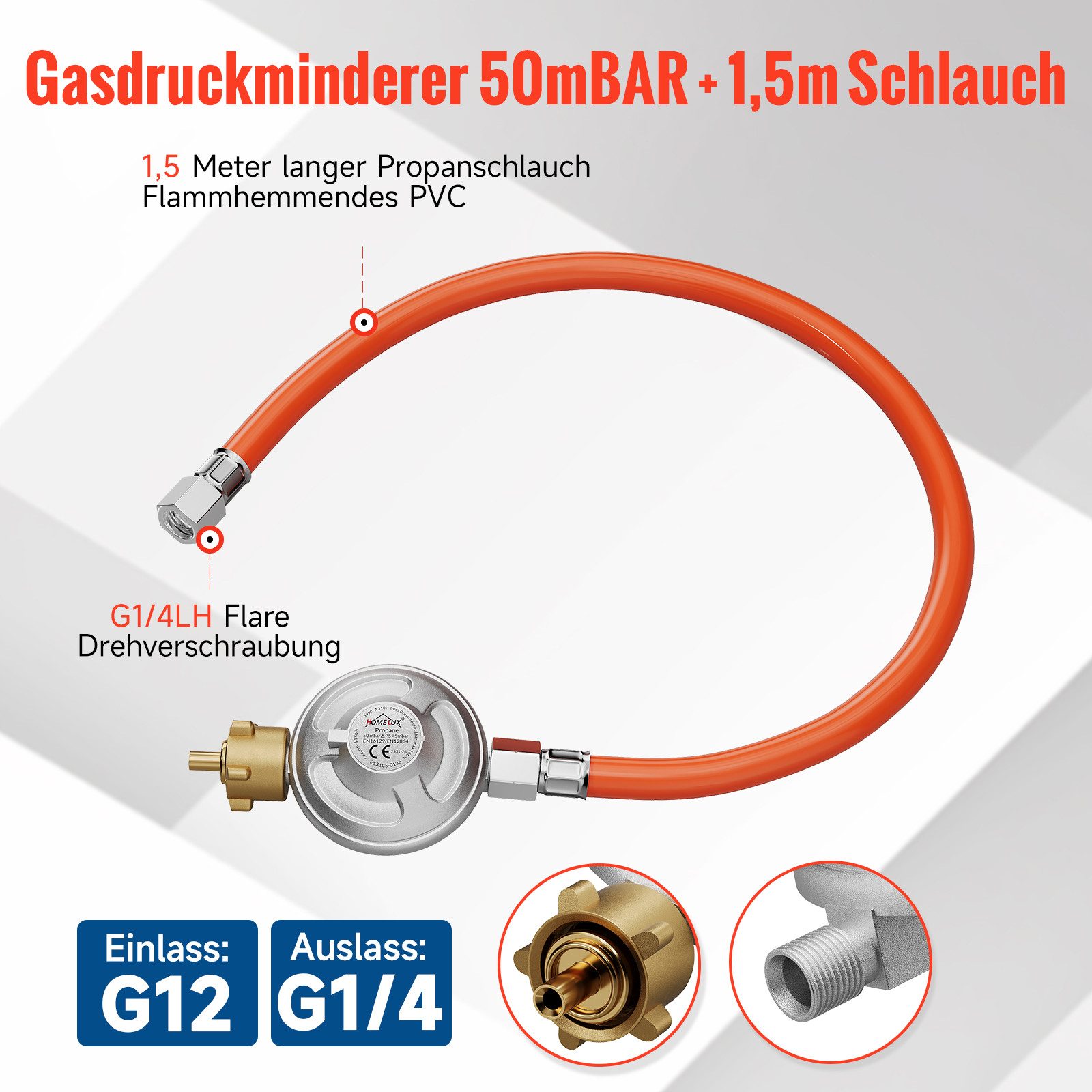 HOMELUX Druckregler 50 mbar Gasregler mit 1,5m Gas Schlauch, 50 mbar, (Set, 1-St., Allgemeine Konfiguration), Kartusche auf Gasflasche für Gasgrills- Kocher und weitere Geräte