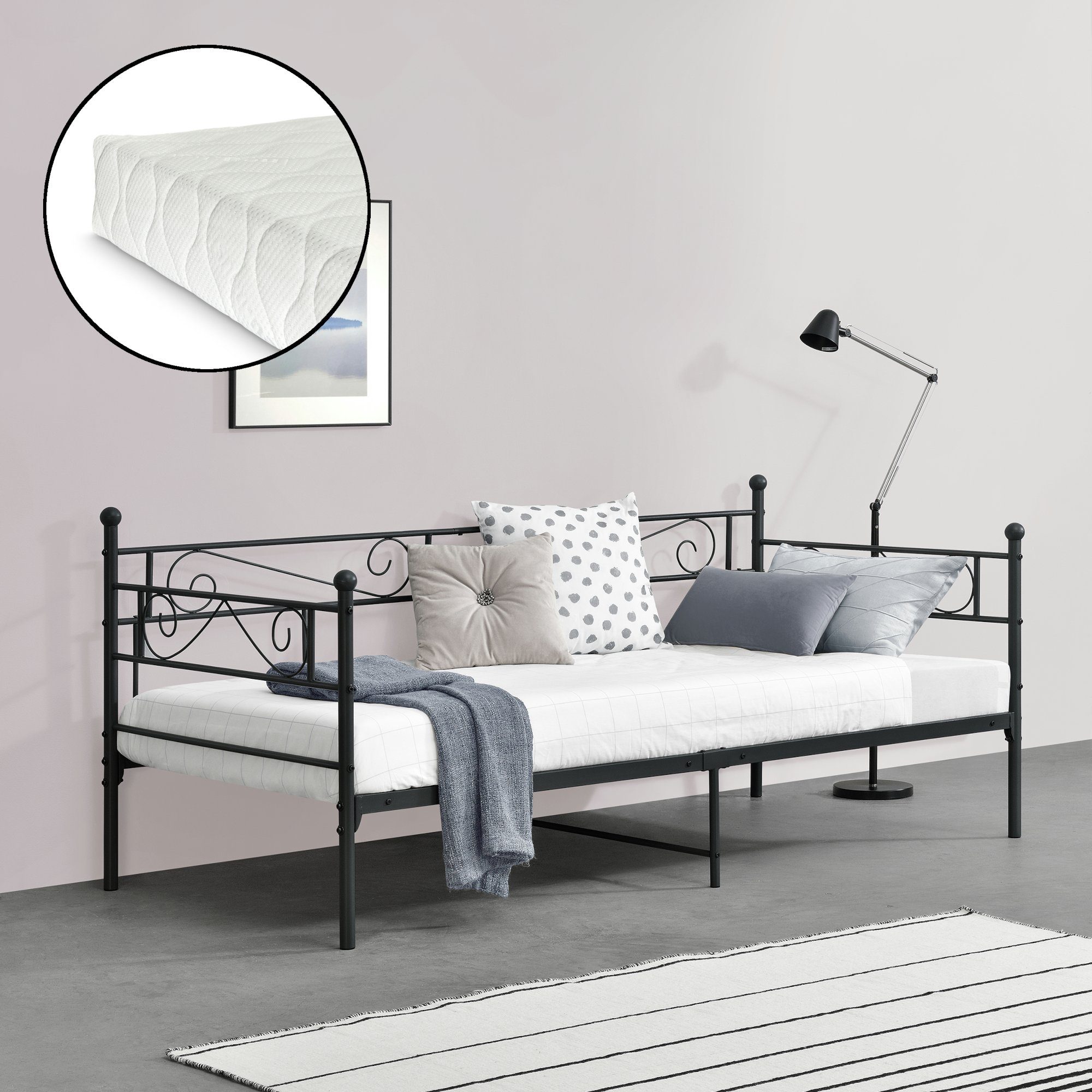 en.casa Metallbett, »Kerava« Einzelbett 90x200 cm mit Kaltschaummatratze Schwarz | Jugendbetten