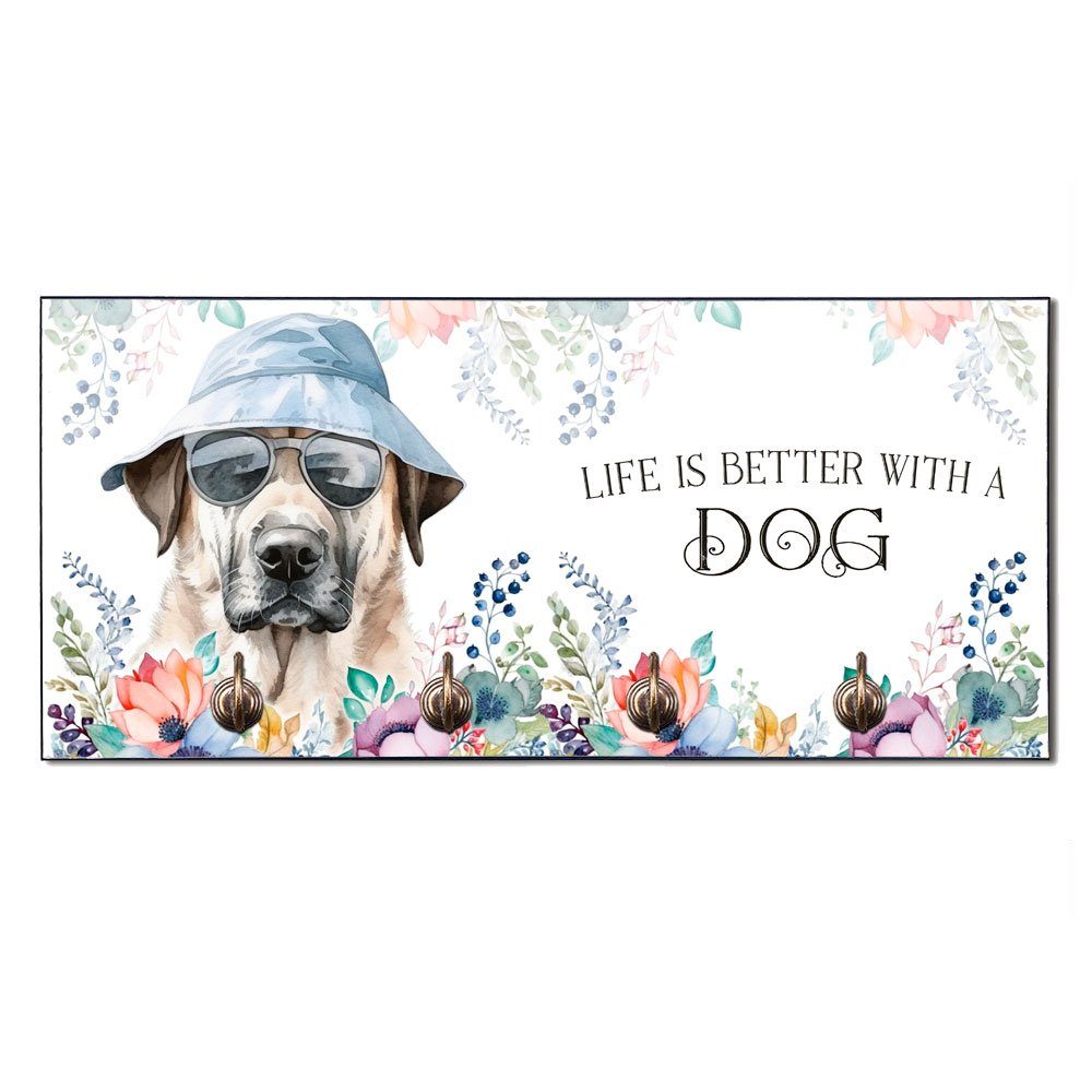 Cadouri Wandgarderobe KANGAL Hundegarderobe - Wandboard für Hundezubehör (Garderobe mit 4 Haken), MDF, mit abgeschrägten Ecken, handgefertigt, für Hundebesitzer