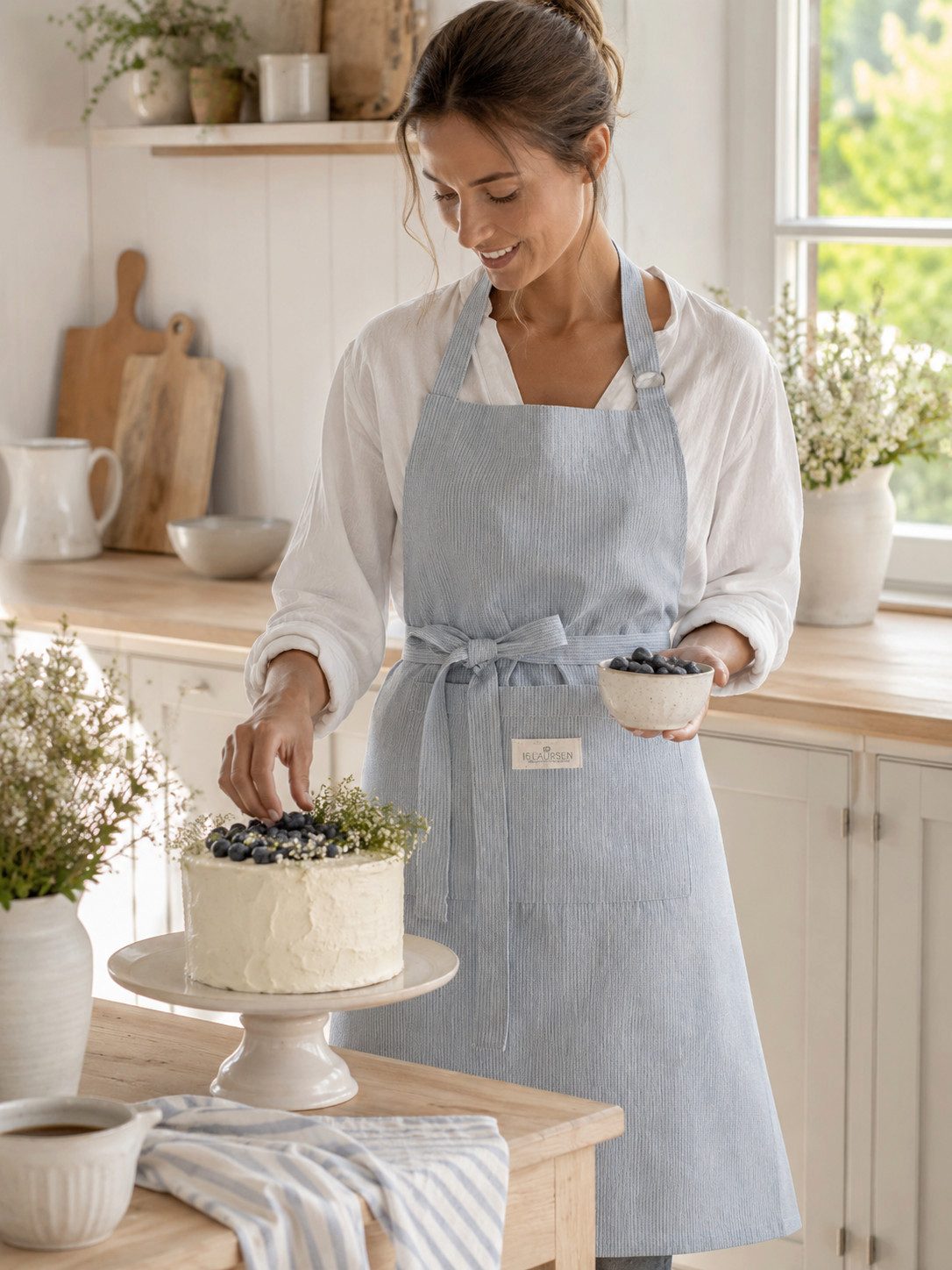 Greengate Kochschürze GreenGate Schürze Alice Hellblau – Baumwollschürze mit Streifen