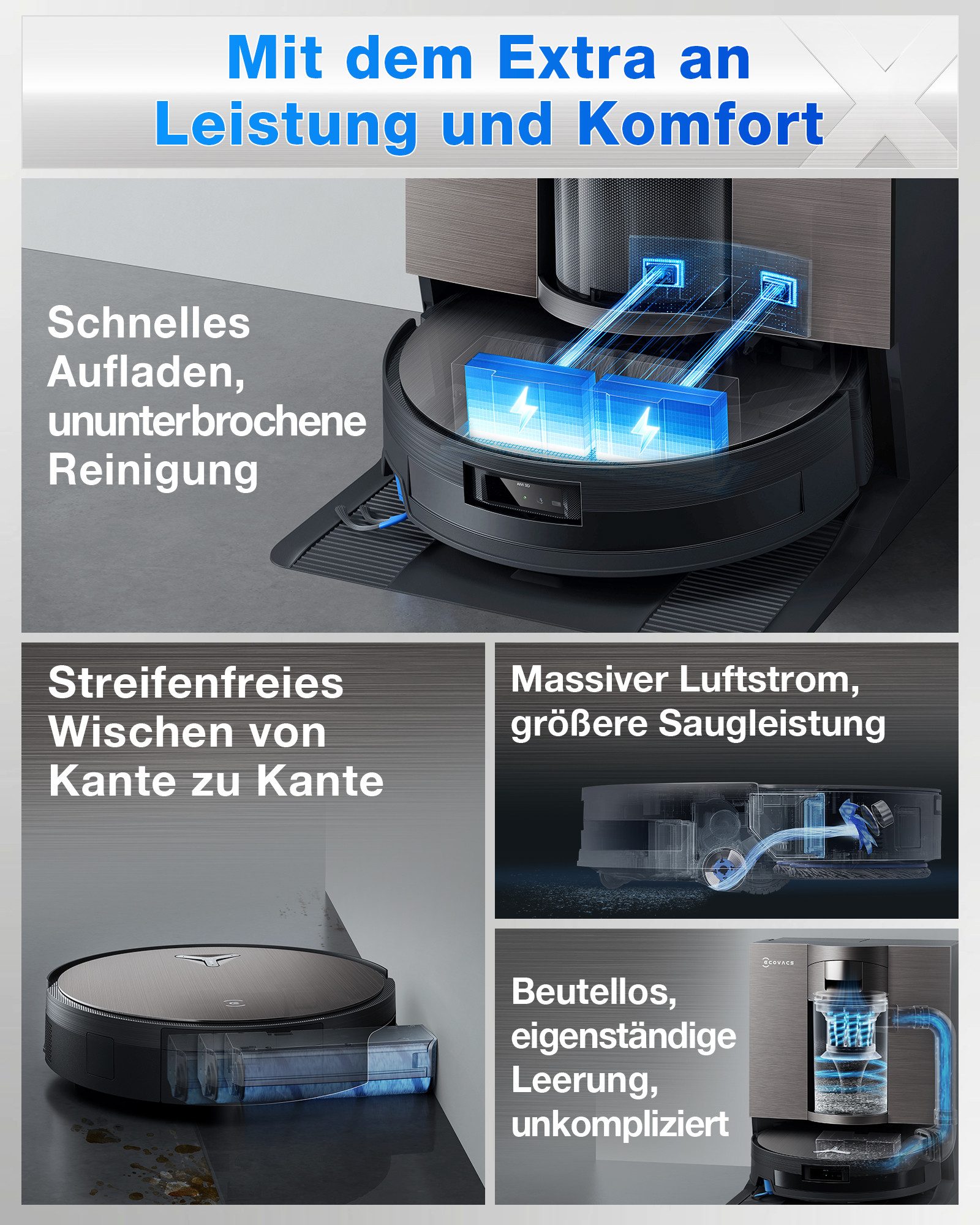 ECOVACS Saugroboter mit Wischfunktion DEEBOT X11 OmniCyclone, 19.500 Pa, 18 l/s Luftstrom, 110 W, beutellos, Schnellladefunktion, Wischrolle, beutellos