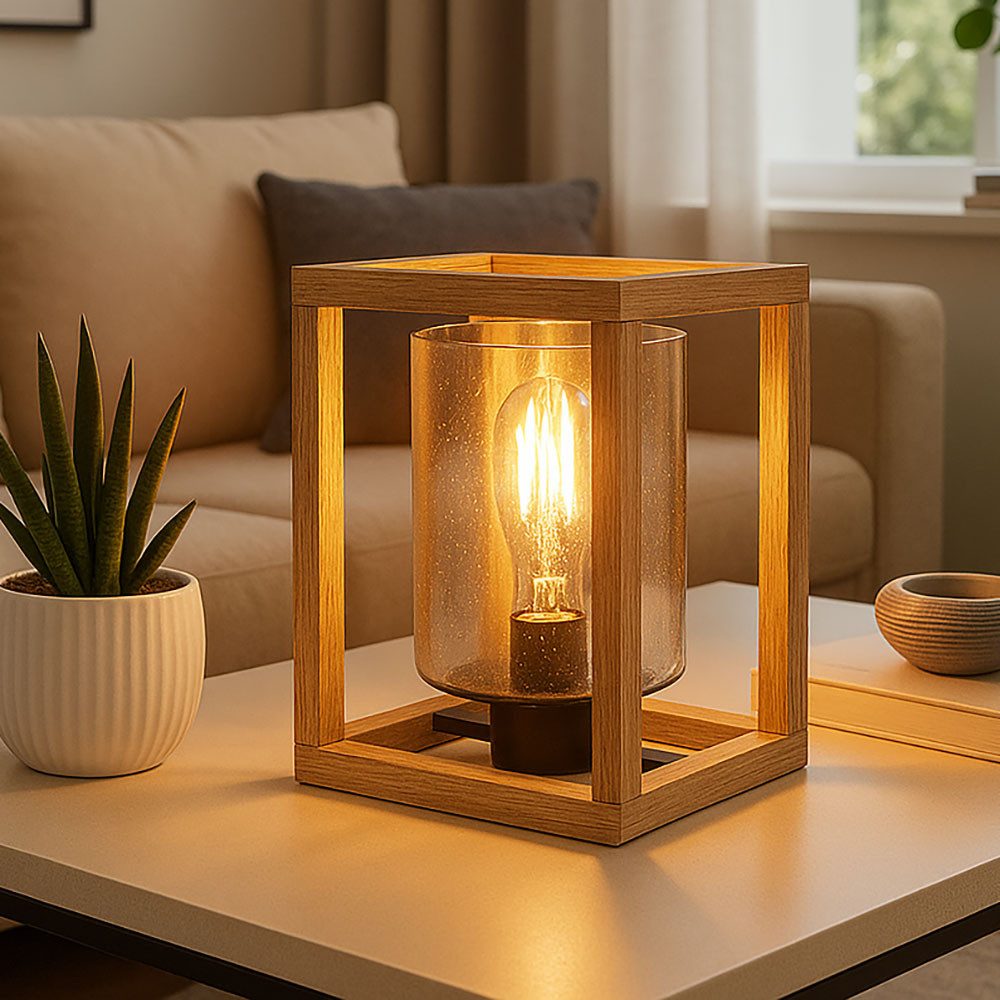 GLOBO LIGHTING Tischleuchte, Leuchtmittel nicht inklusive, Tischlampe Nachttischleuchte Holz Rauchglas Luftblasen schwarz E27