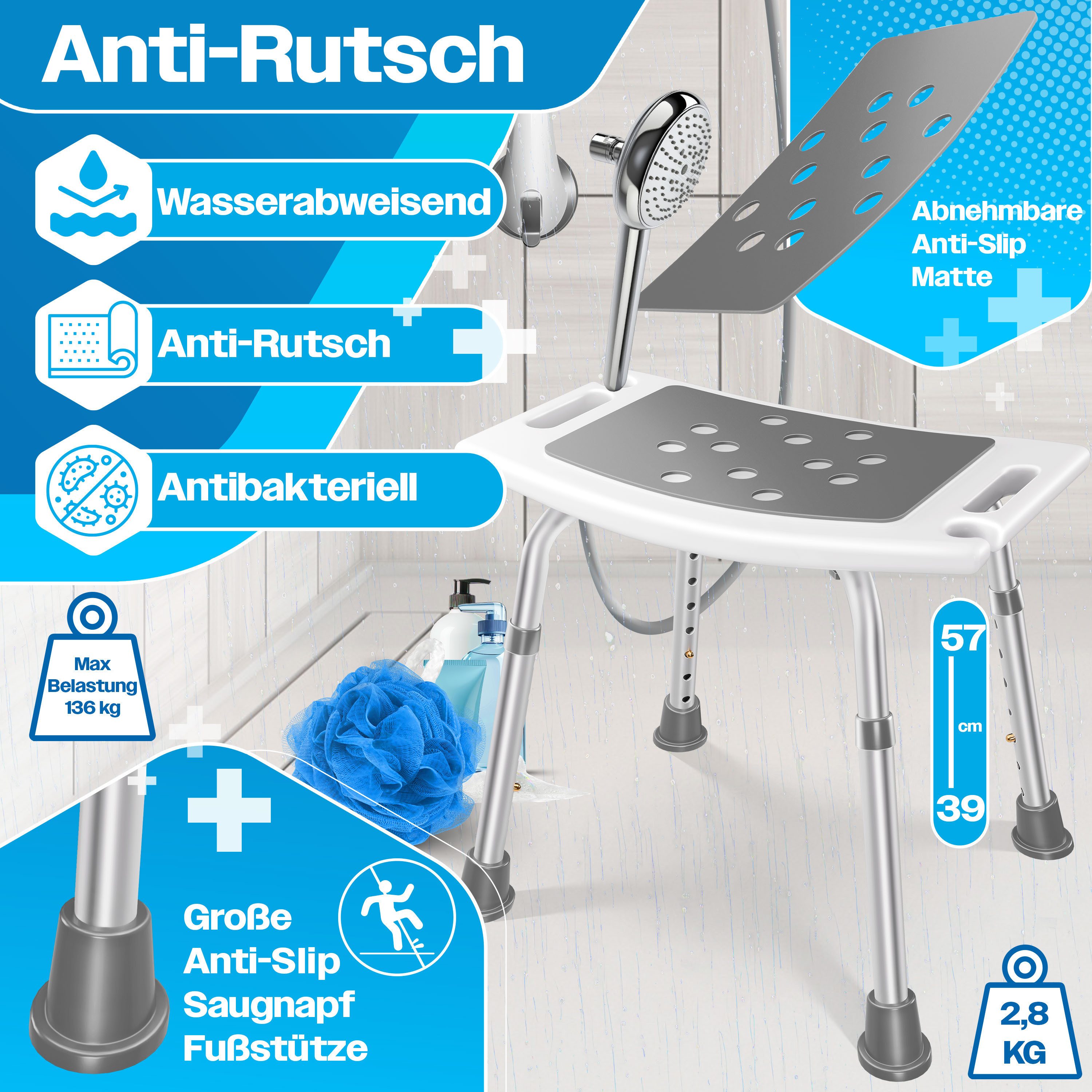 KESSER Badhocker Duschhocker höhenverstellbar & bis 136kg belastbar, Duschhilfe für Senioren, rutschfester Duschstuhl mit Zubehör