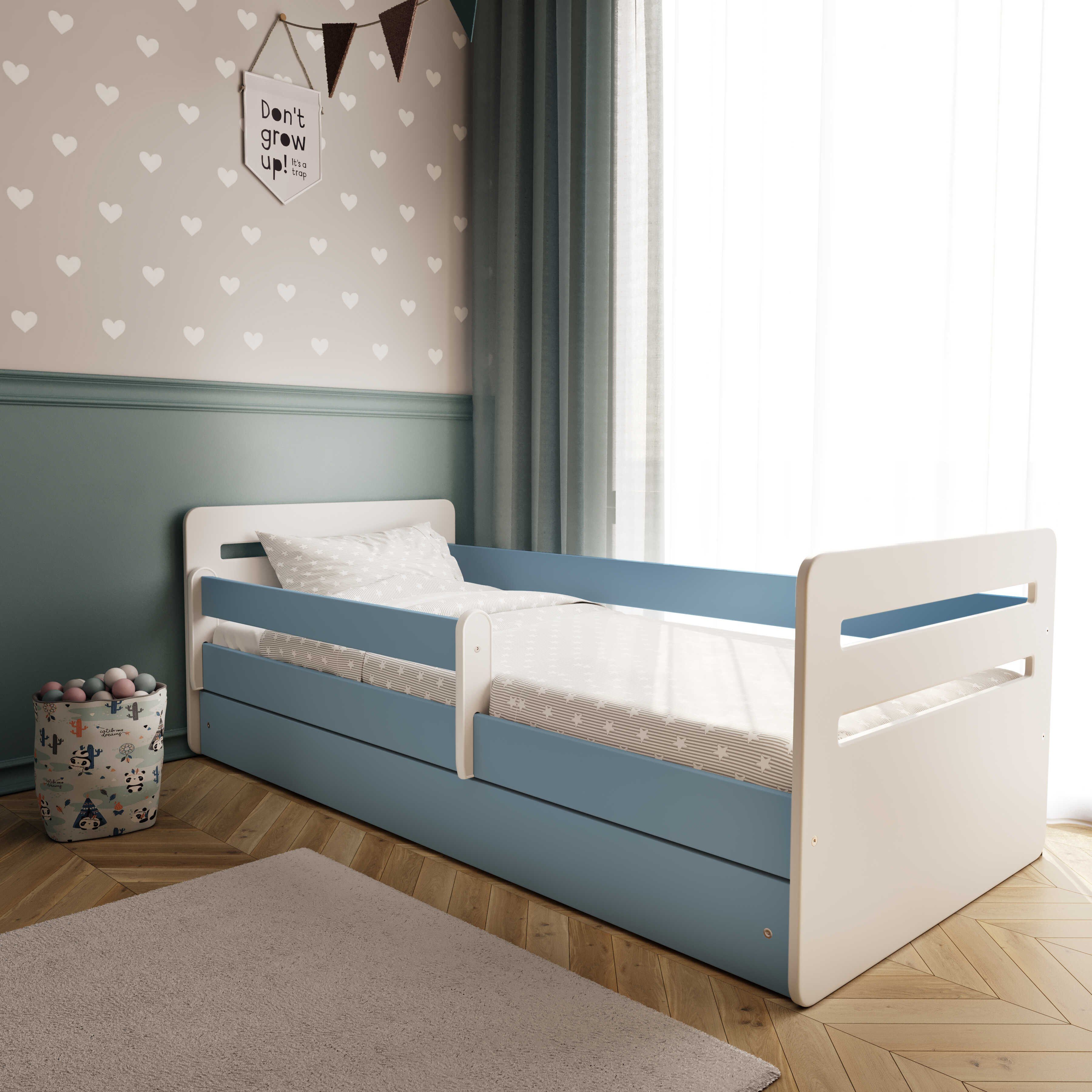 Bjird Kinderbett Tomi 140x80 160x80 180x80 (Mit 8 cm Matratze), mit Rausfallschutz Schubalde und Lattenrost für Mädchen und Junge blau