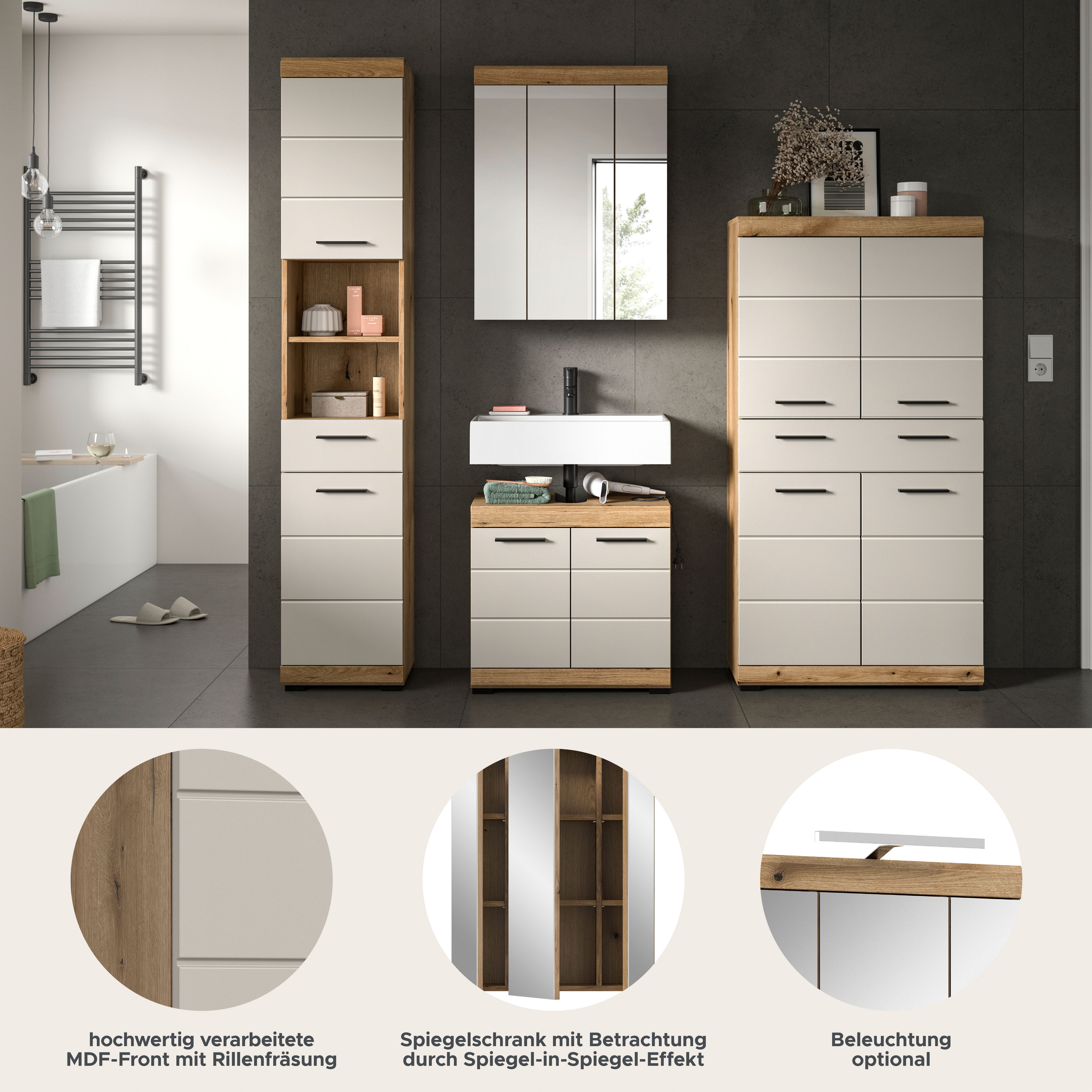 welltime Badmöbel-Set SIENA, 4 teilig, bestehend aus:, (Set, 4-St., TOPSELLER), Hochschrank, Waschbeckenunterschrank, Spiegelschrank, Midischrank