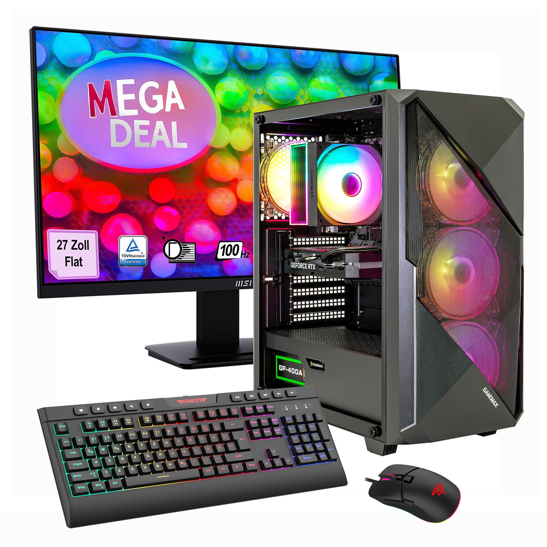 GAMEMAX MegaDeal Striker 2766 AMD Ryzen 5 5500 16GB 480GB SSD RTX 5060 Gaming-PC-Komplettsystem (27", AMD Ryzen 5 5500, RTX 5060, 16 GB RAM, 480 GB SSD, Windows 11 + MSI PRO MP273A LED-Monitor, 69cm (27)