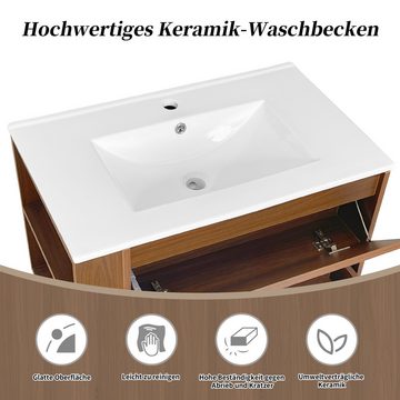 IDEASY Waschbeckenunterschrank Hängender Waschbeckenunterschrank 76 cm breit (mit Keramikspüle, mit Schubladen, gedämpften Schienen) Soft-Closing-Funktion, ohne sichtbare Griffe, wasserdichter Schrank