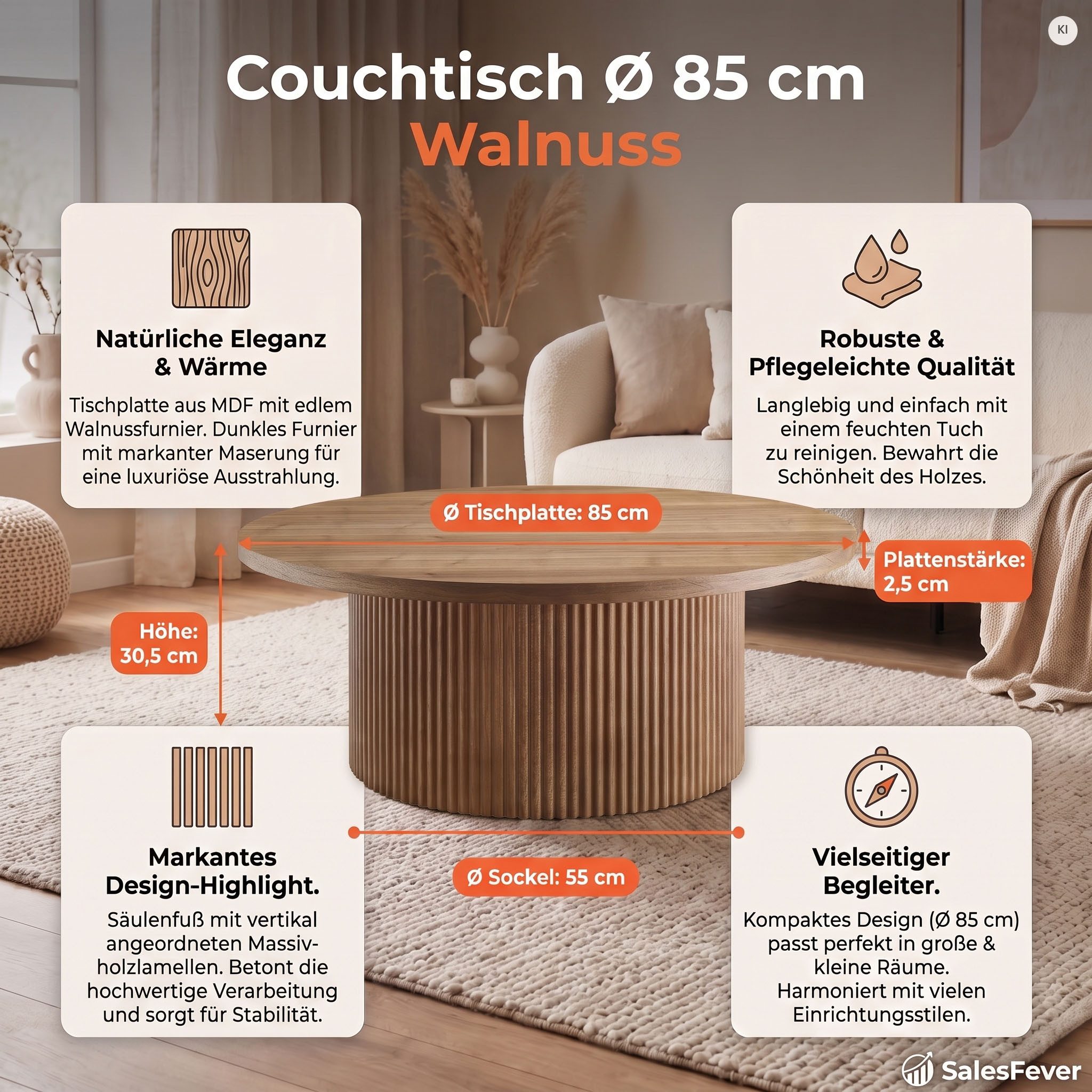 SalesFever Couchtisch mit Massivholz-Lamellen, Ø 85 cm (1-St), Moderner Wohnzimmertisch aus Holz in natürlichem Look – Bild 4 von 5