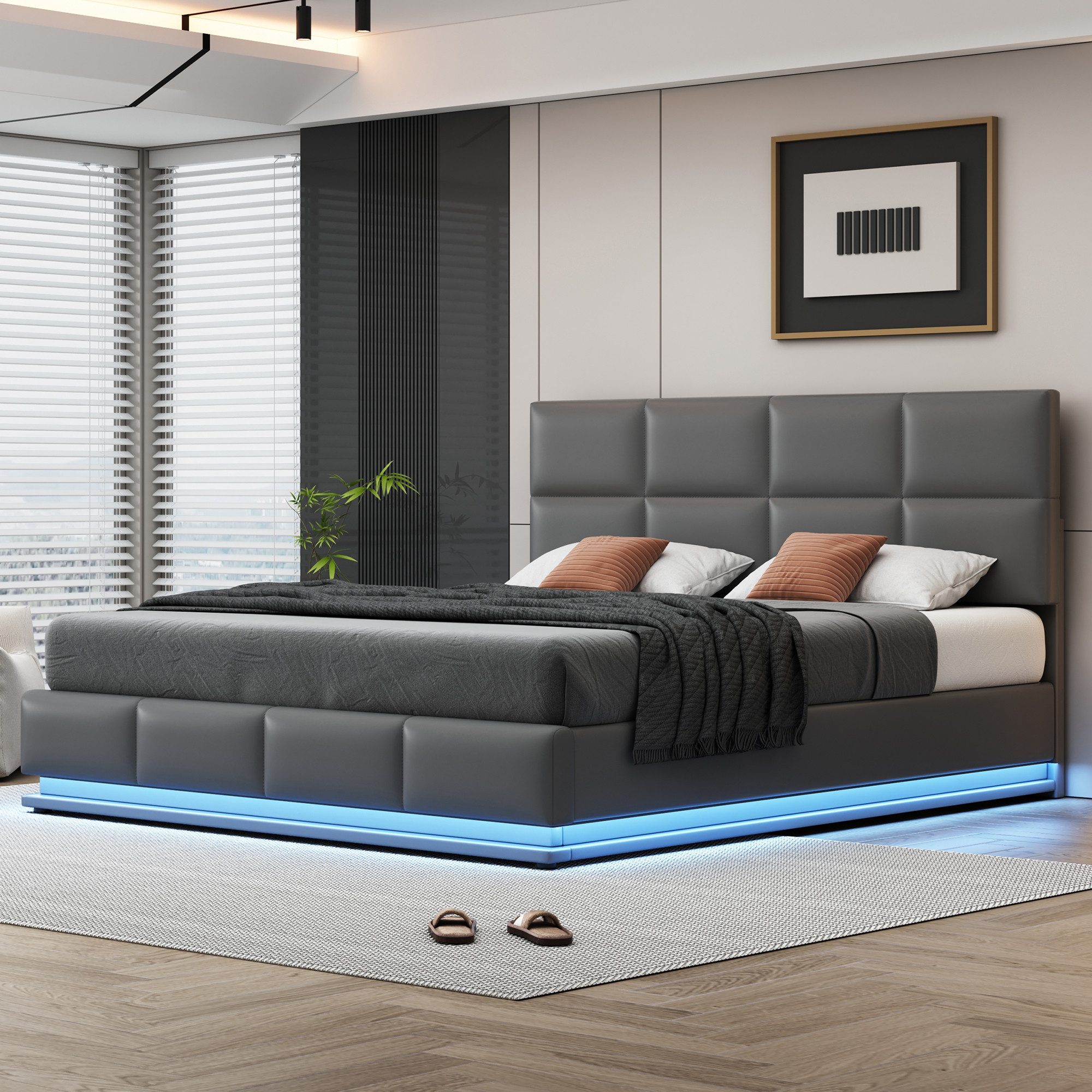 Flieks Polsterbett, LED hydraulisches Doppelbett Kunstleder günstig online kaufen