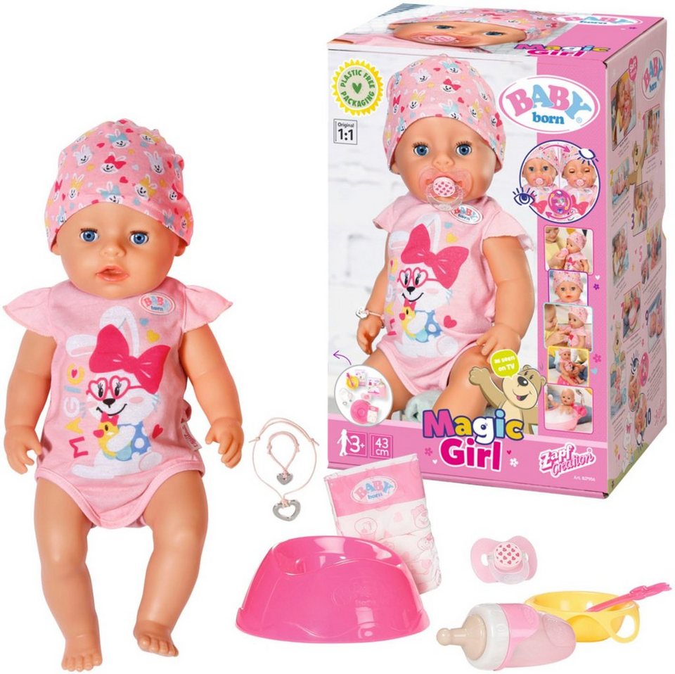 Baby Born Babypuppe Magic Girl, 43 cm (Set, 13-tlg), mit 10 lebensechten  Funktionen, Inkl. 10 Accessoires, ein rosafarbener Body sowie eine Mütze