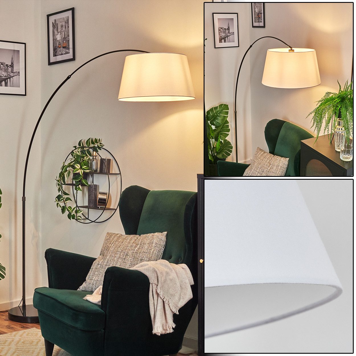 hofstein Bogenlampe Stehlampe mit Marmorfuß aus Metall/Stoff in Schwarz/Chromfarben/Weiß, Stehleuchte im modernen Design, Ø 45 cm, Fußschalter, E27