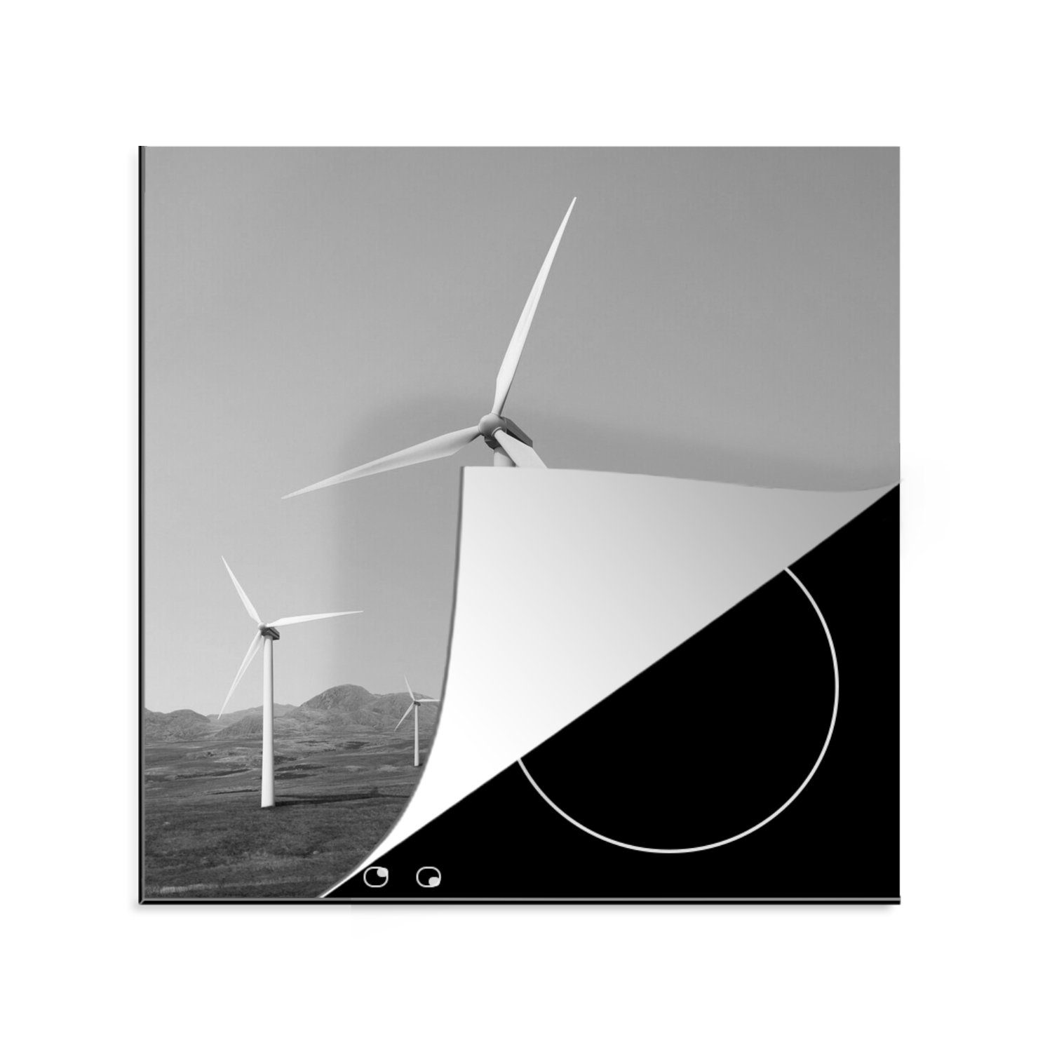 MuchoWow Herdblende-/Abdeckplatte Windmühle - Schwarz - Weiß, Vinyl, (1 tlg), 78x78 cm, Ceranfeldabdeckung, Arbeitsplatte für küche | Herdabdeckplatten