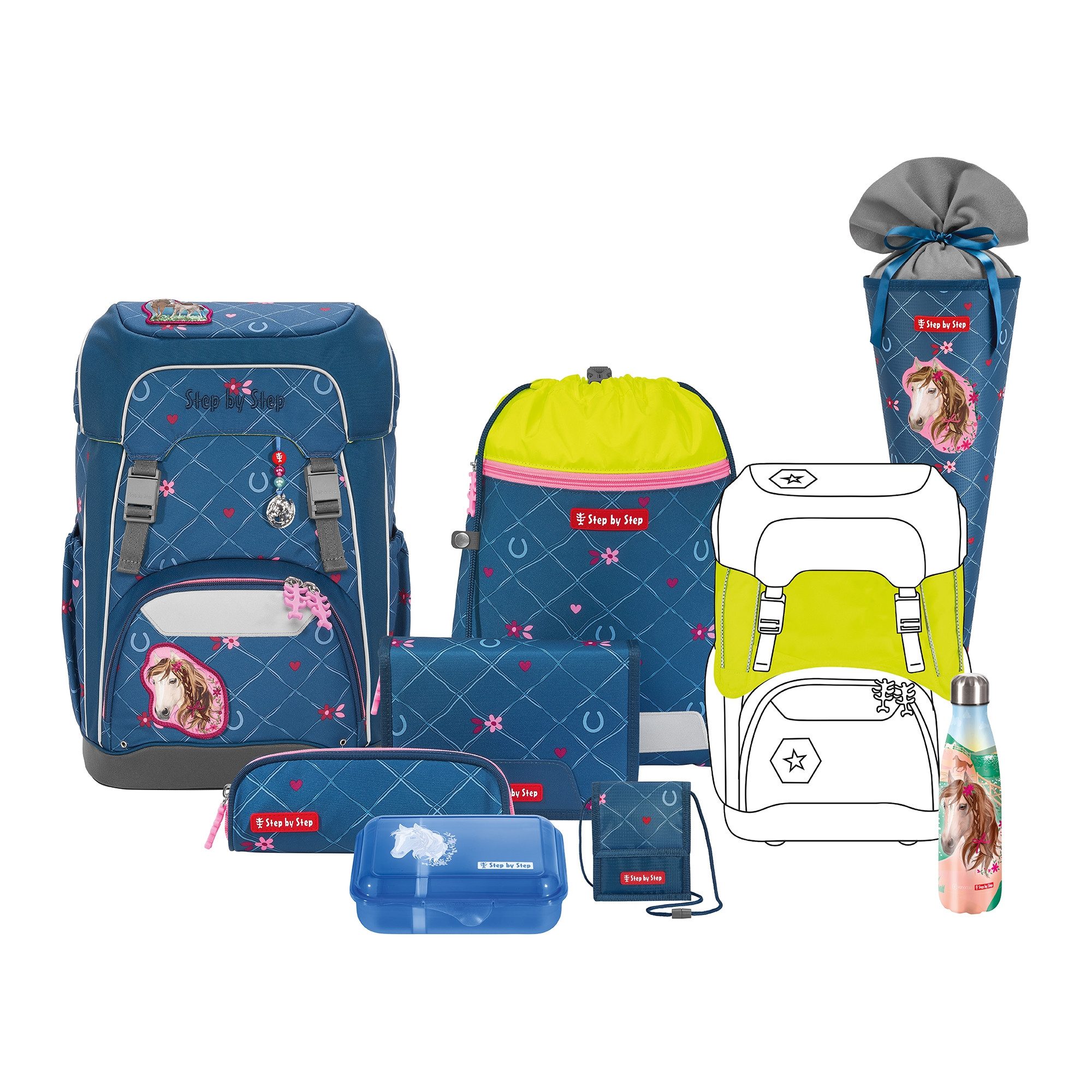 Step by Step Schulranzen GIANT „Horse Lima“, 10-teilig, blau (10-teilig, 10-tlg)