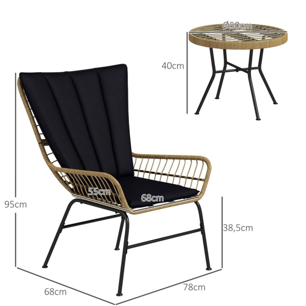 MODFU Sitzgruppe Rattan Gartenmöbel-Set 3-teilig mit Beistelltisch und Stühlen, (Set, 3-tlg., Gartensitzgruppe mit Hartglasplatte, robust und pflegeleicht), 78x68x95 cm 2 Stühle mit Kissen für gemütliche Stunden im Garten