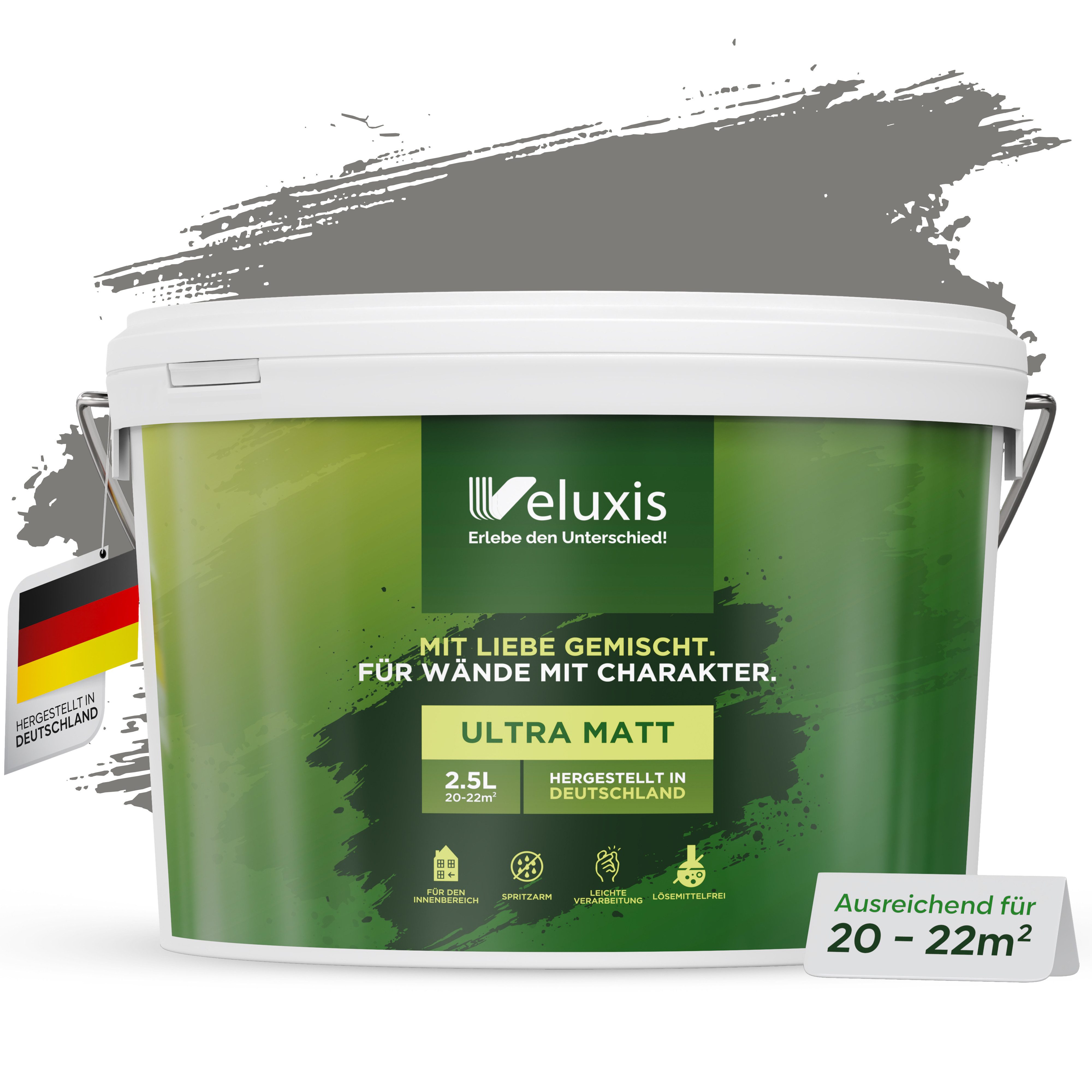 Veluxis Wandfarbe Veluxis® Wandfarbe, Deckkraft-Klasse 1, Streifenfrei, tropfarm & VOC-frei