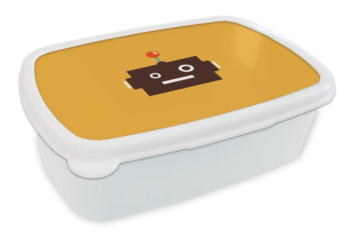 MuchoWow Lunchbox Roboter - Gesicht - Antenne - Gelb - Jungen - Kind, Kunststoff, (2-tlg), Brotbox für Kinder und Erwachsene, Brotdose, für Jungs und Mädchen weiß