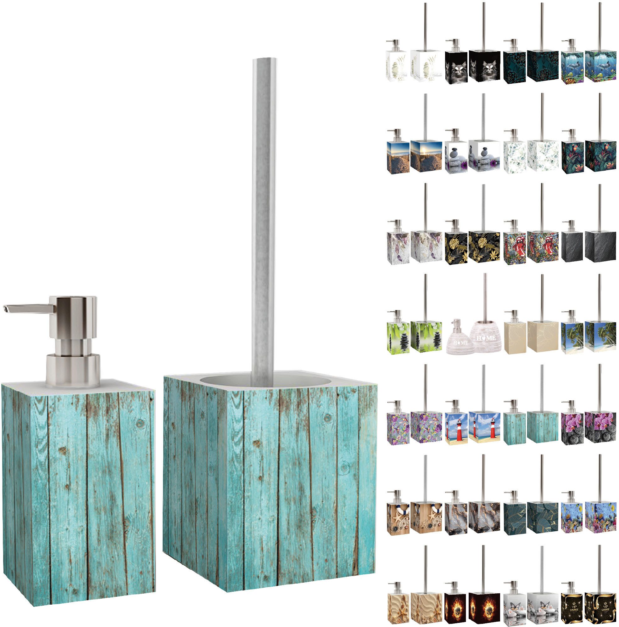 Sanilo Badaccessoire-Set mit Motiv, viele schöne Seifenspender und WC Bürsten zur Auswahl, Klobürste mit auswechselbaren Bürstenkopf, 2 tlg., 2-tlg., Desinfektionsspender mit stabiler Pumpe, hochwertig & modern