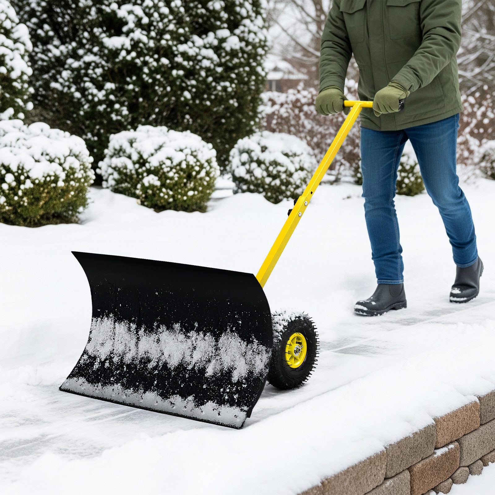 LALAHO Schneeschieber Schneeschaufel mit Rädern & Stiel – Stahlschaufel, 74,00 cm Arbeitsbreite, mit 116,00 cm langem Stiel, verstellbare Schubstange, ergonomisch, für Gehwege & Einfahrten