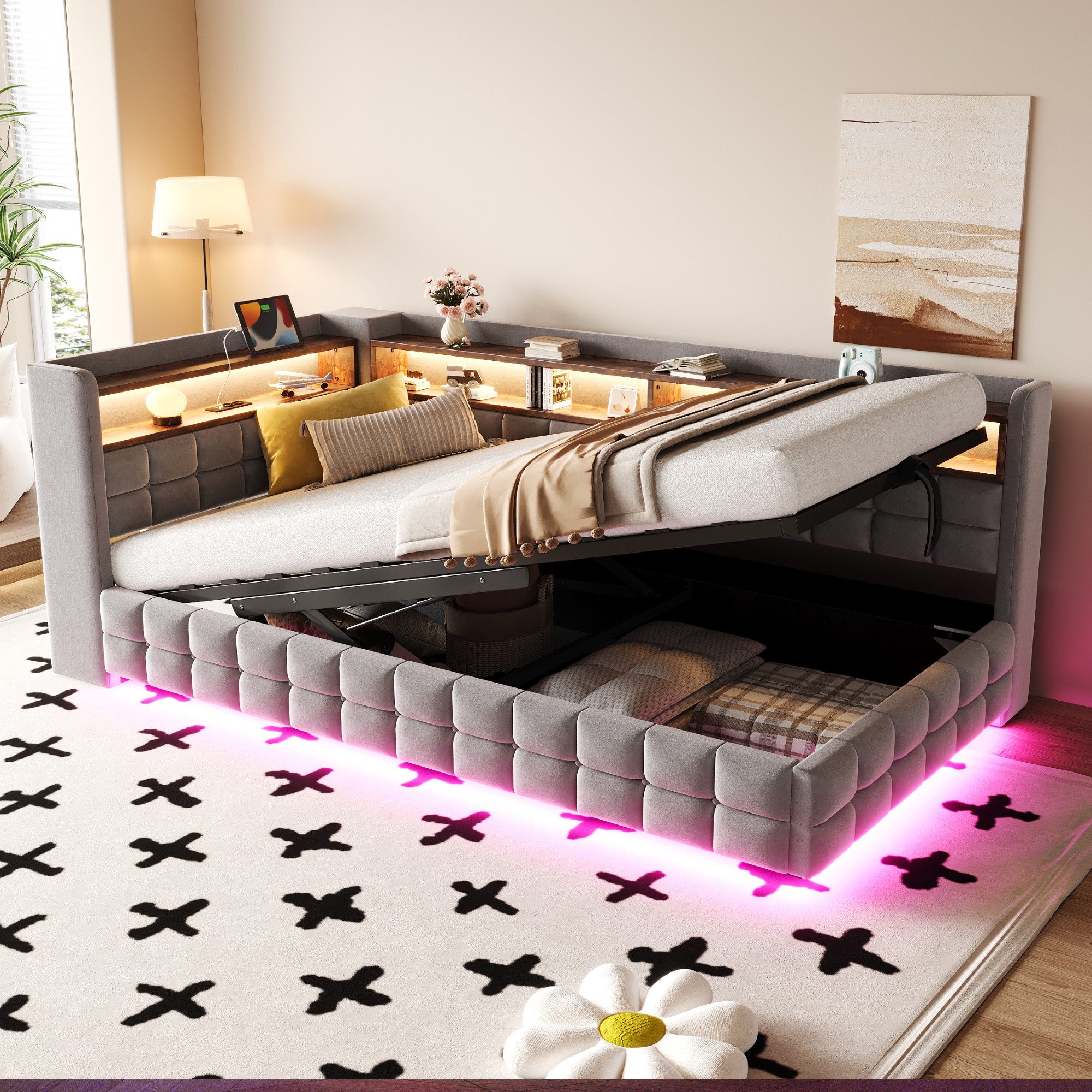 Merax Daybett mit LED-Beleuchtung und USB-Ladeanschlüssen (Jugendbett Kinderbett Einzelbett Sofabett aus Samtstoff, 1 tlg), Polsterbett Tagesbett 90x200cm mit hydraulischem Stauraum & Staufächer