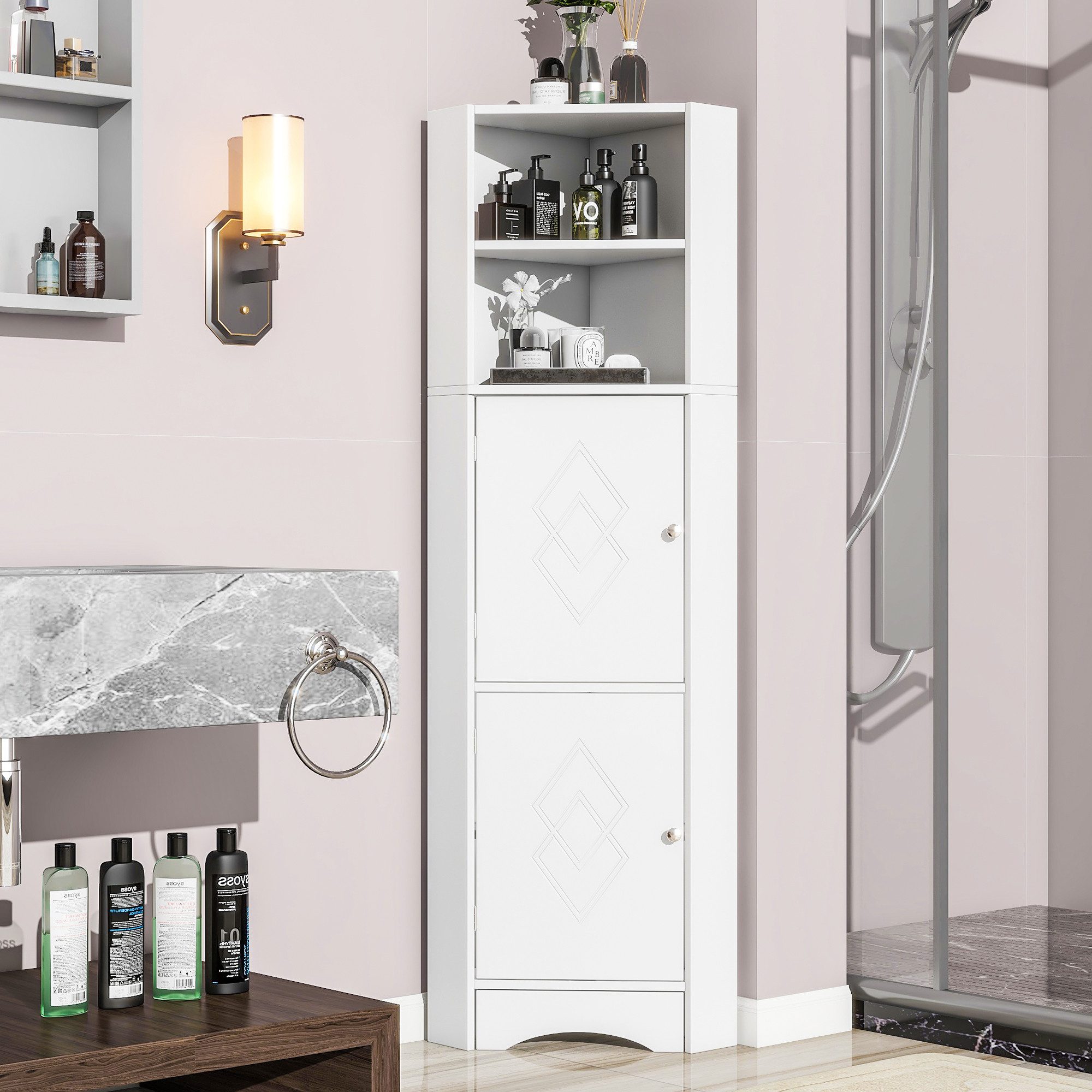 Celya Hochschrank Badschrank, Badmöbel, Eckschrank mit zwei Ablagefächern (36.5x 36.5 x 155 cm) offenes Fach mit verstellbarem Einlegeboden