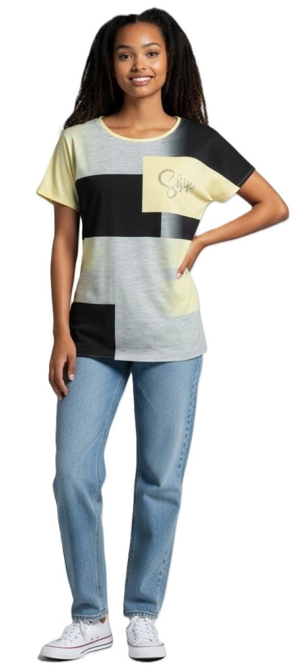 Estefania for woman Rundhalsshirt 169-1212, "shine" mit Strassbesatz und überschnittenen Schultern Strass