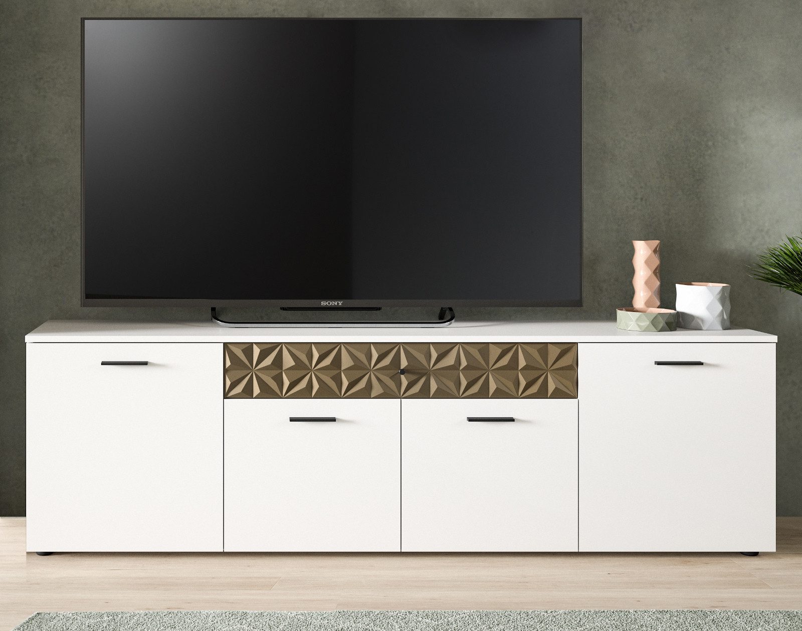 Inn.Furn Lowboard Relief (Flat-TV Unterschrank in Weiß mit Gold, 190 x 57 cm), 4-türig, Vollauszug-Schubkasten