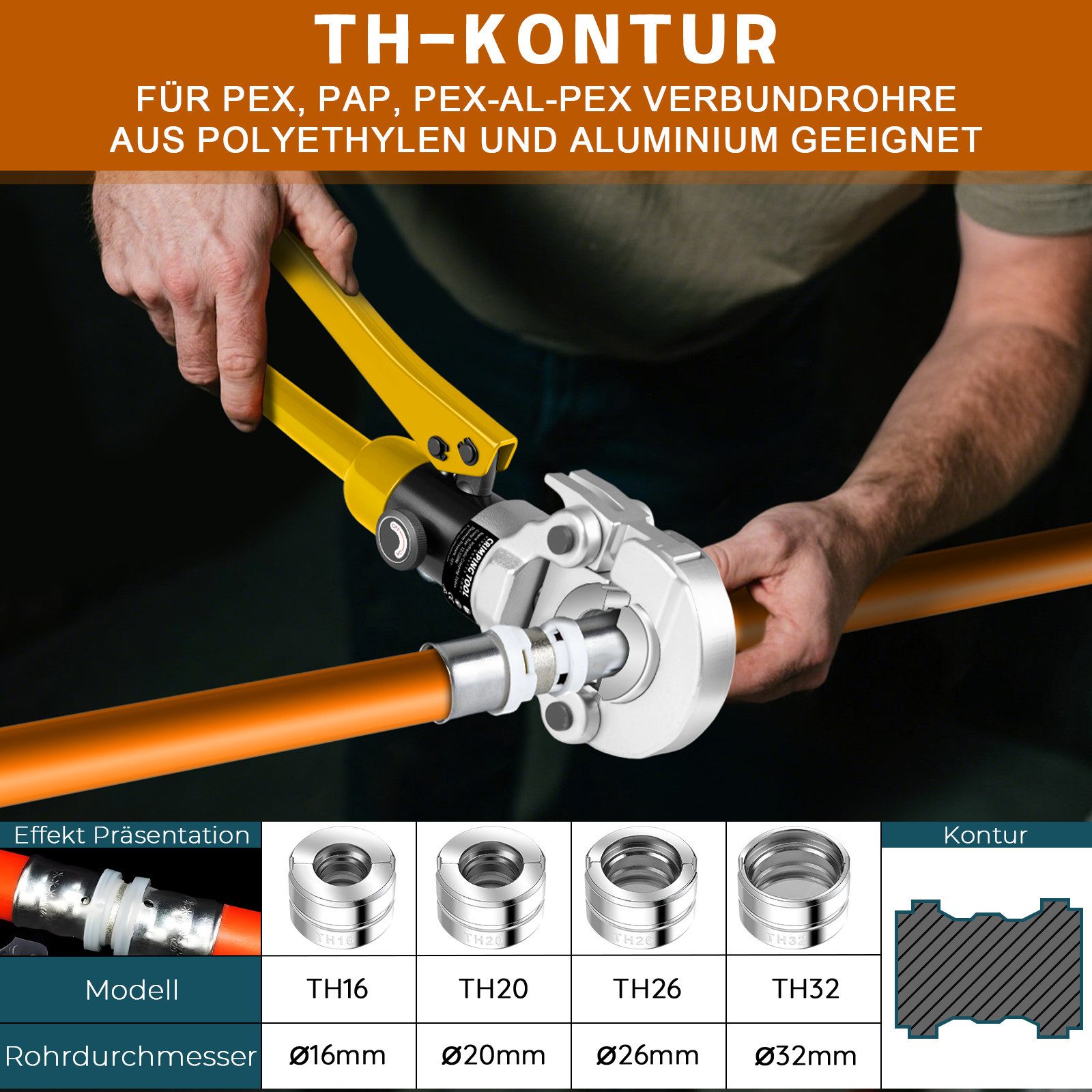 XERSEK Handpresse Hydraulische Presszange V-Kontur TH-Kontur Rohrpresszange Crimpzange, Handpresszange Presswerkzeug V12 V15 V18 V22 V28, & TH16 TH20 TH26 TH32 Backeneinsätze mit, Rohrabschneider für Kupferrohr Und Verbundrohr