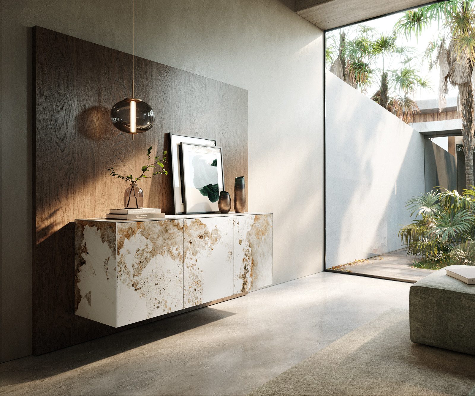 DELIFE Sideboard Cuor, Keramik Minas Melange Weiß-Beige 150 cm 3 Türen Schwebend Sideboard