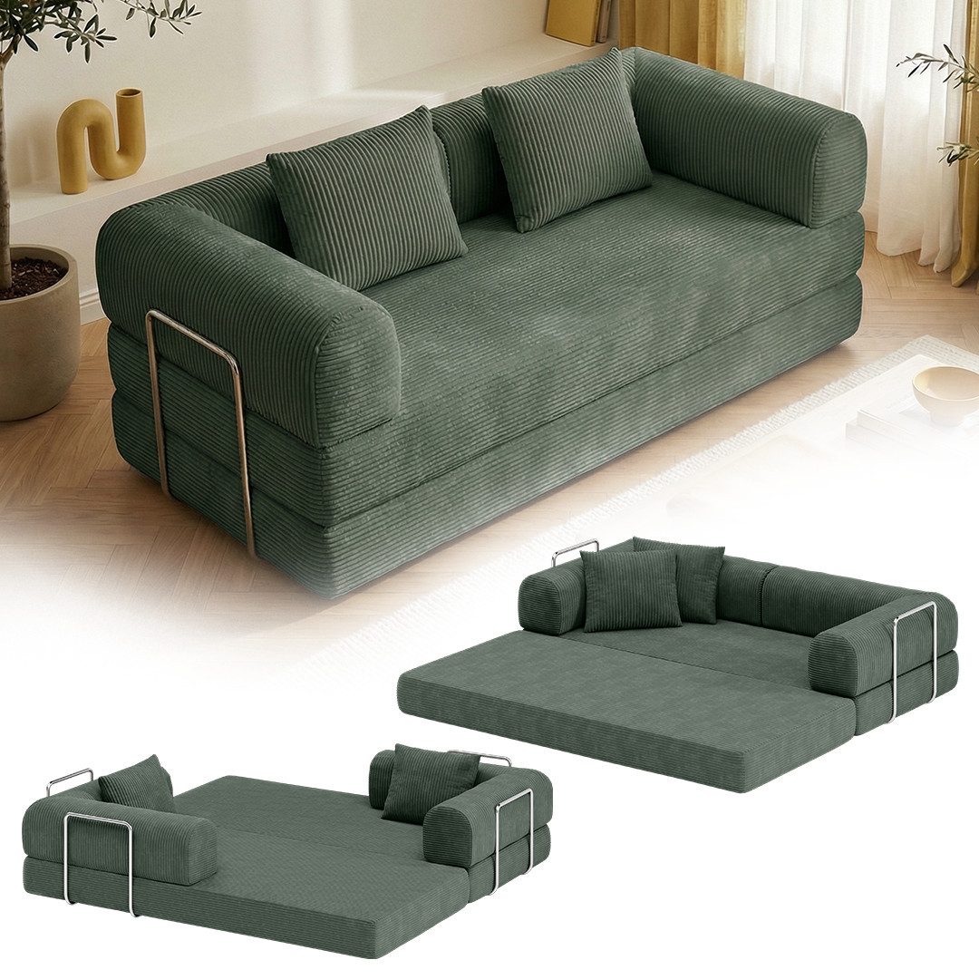 skølm Sofa & Sessel Lofn aus Vollschaum Cord, umwandelbar zum Schlafsofa/-Sessel, Dunkelgrün, Cordsofa 200 cm breit, 2 Sitzer, kein Aufbau erforderlich, vakuumiert