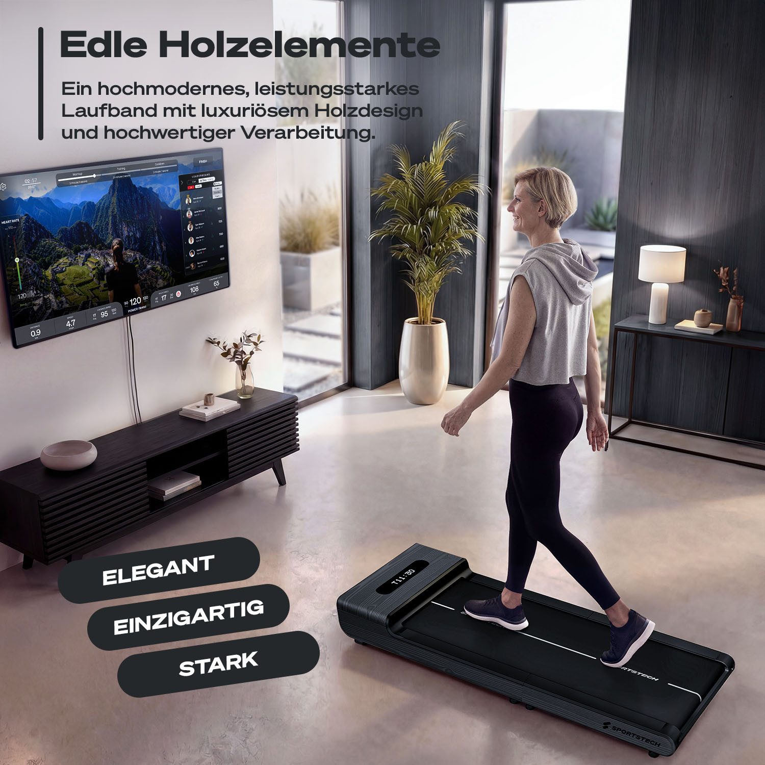 Sportstech Laufband WoodPad Pro, Geschwindigkeit bis 8 km/h, klappbar, Echtholz, App kompatibel