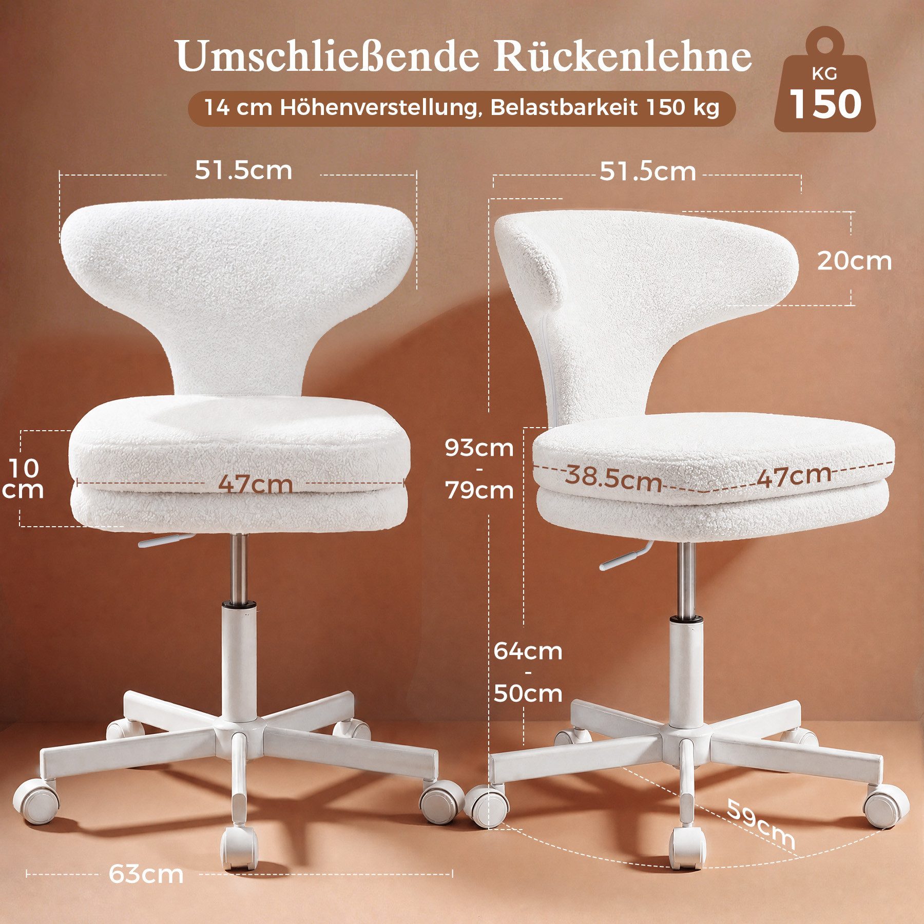 COMHOMA Bürostuhl Homeoffice Stuhl Schminkstuhl mit Rollen, Drehstuhl, mit Umschließender Rückenlehne und Zweilagiges Sitzkissen – Bild 5 von 5