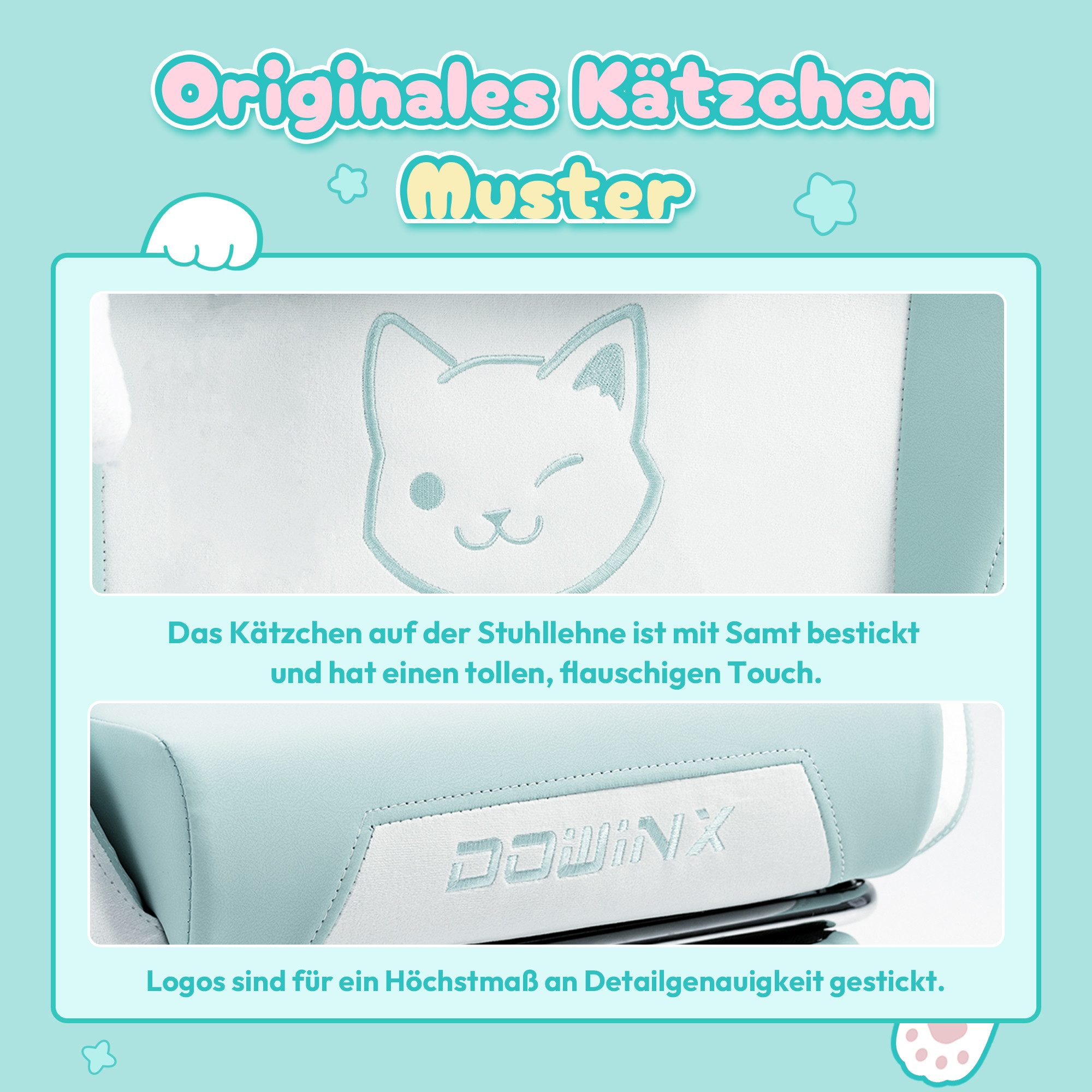 Dowinx Gaming-Stuhl Süße Katze Edition mit Katzenohren und Plüschtier (Packung), Ergonomischer Stuhl mit Hoher Rückenlehne und Lendenwirbelstütze