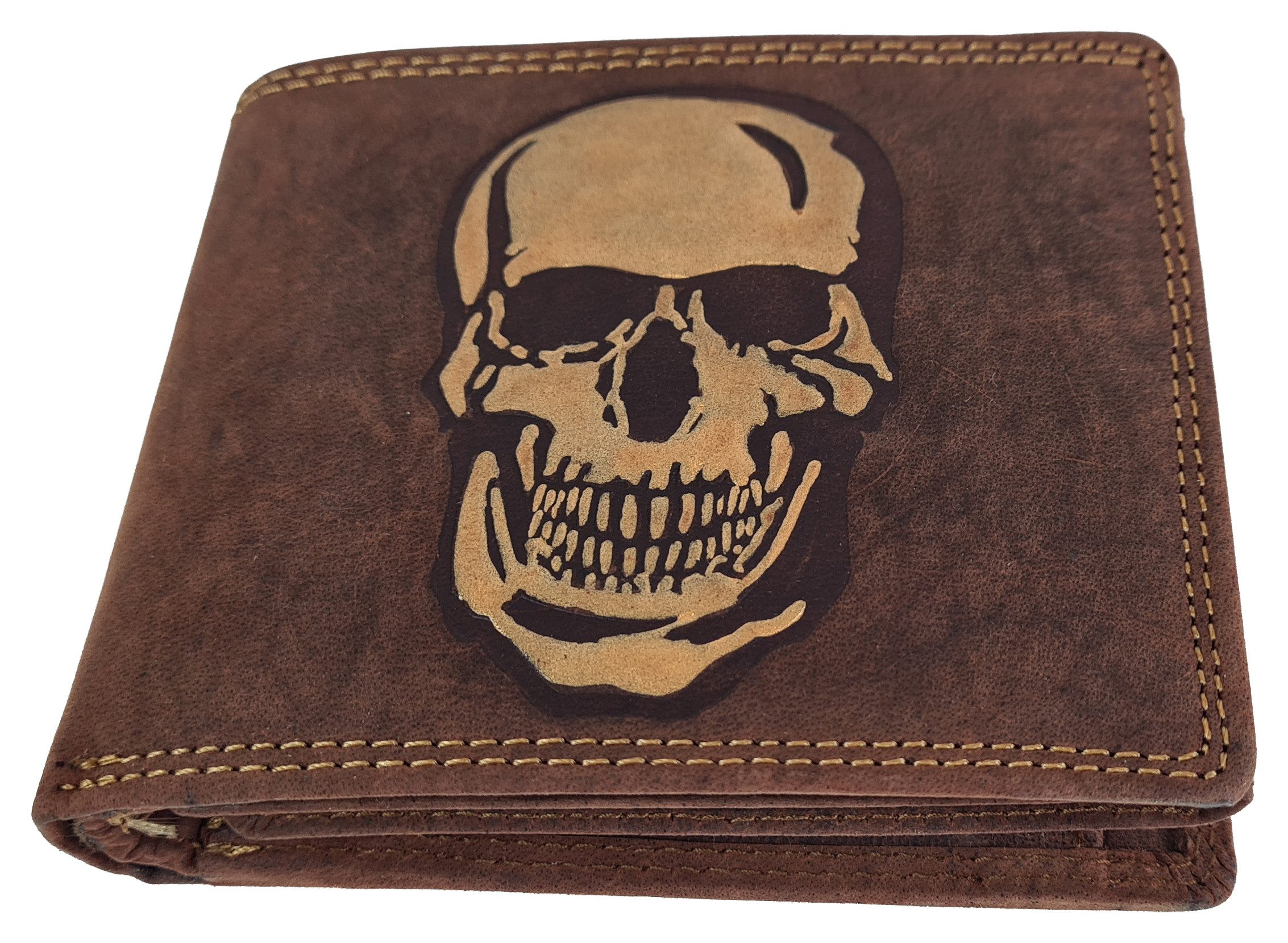 Geldbörse Echt Leder Herren Geldbeutel Skull Totenkopf Kupfergold - Büffelleder