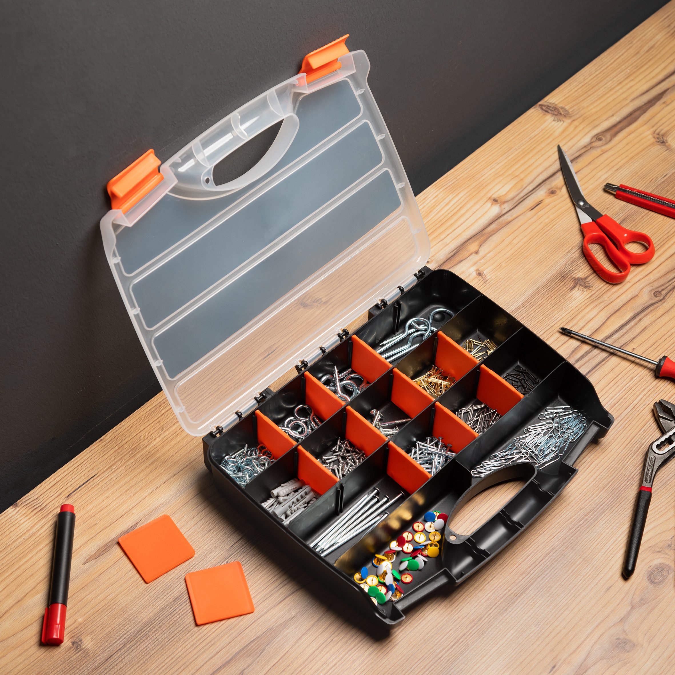 Haushalt International Im- und Export GmbH Aufbewahrungsbox Kleinteilebox Sortimentskasten 17 Fächer Einteilung 31x25x6cm (Stück, 1 St., Packung), Kunststoff, Heimwerker, variable Facheinteilung, Verschluss