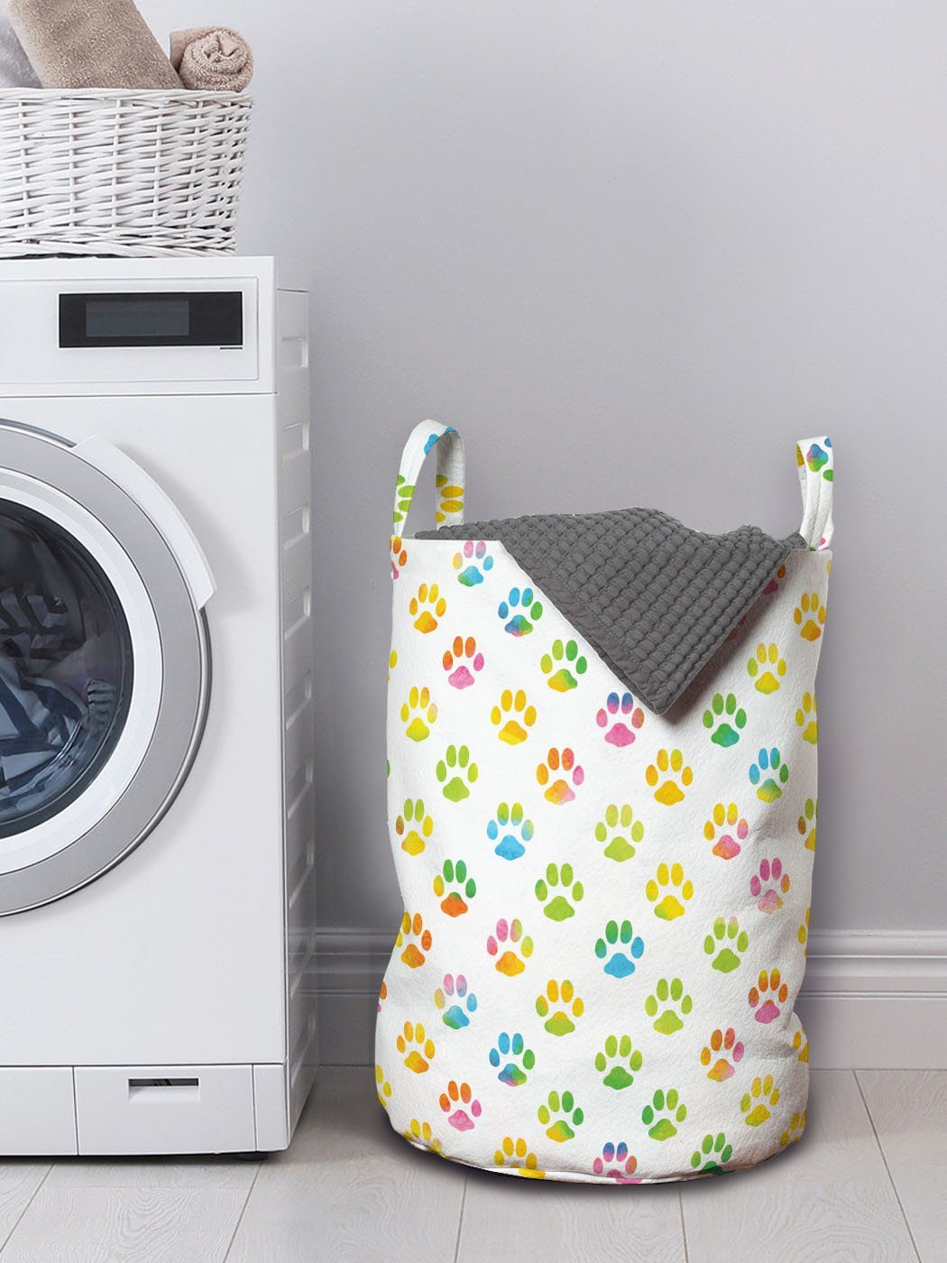 Wäschekorb Waschsalons, Kordelzugverschluss mit Hundeliebhaber Fußabdruck Abakuhaus Wäschesäckchen Abstrakt Griffen für