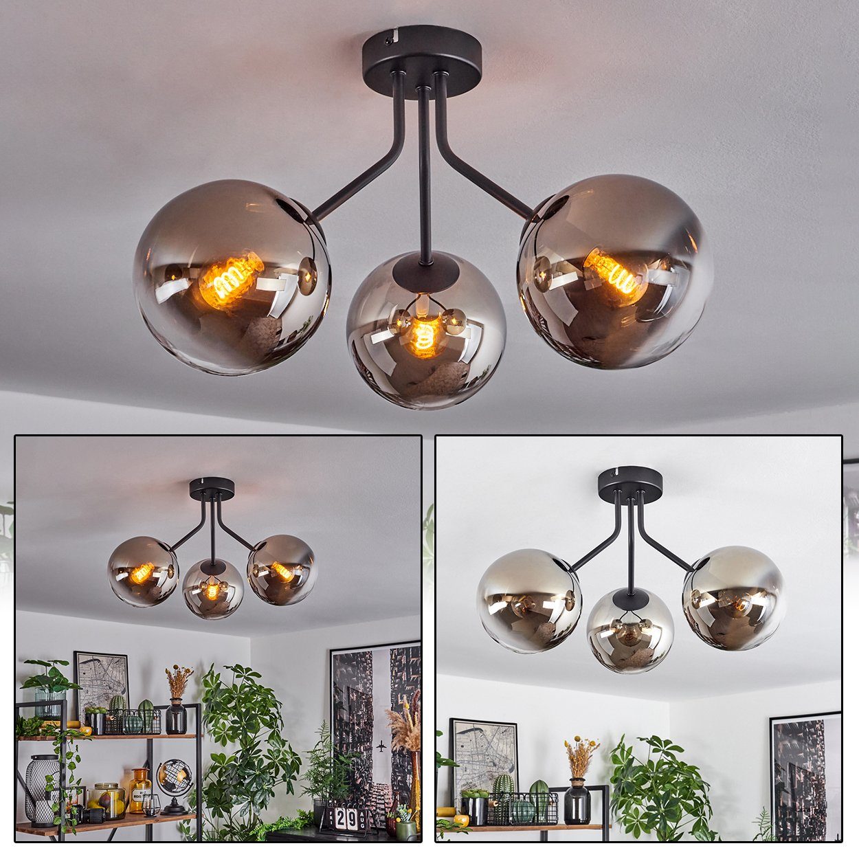 hofstein Deckenleuchte moderne Deckenlampe aus Metall/Glas in Schwarz/Rauch günstig online kaufen