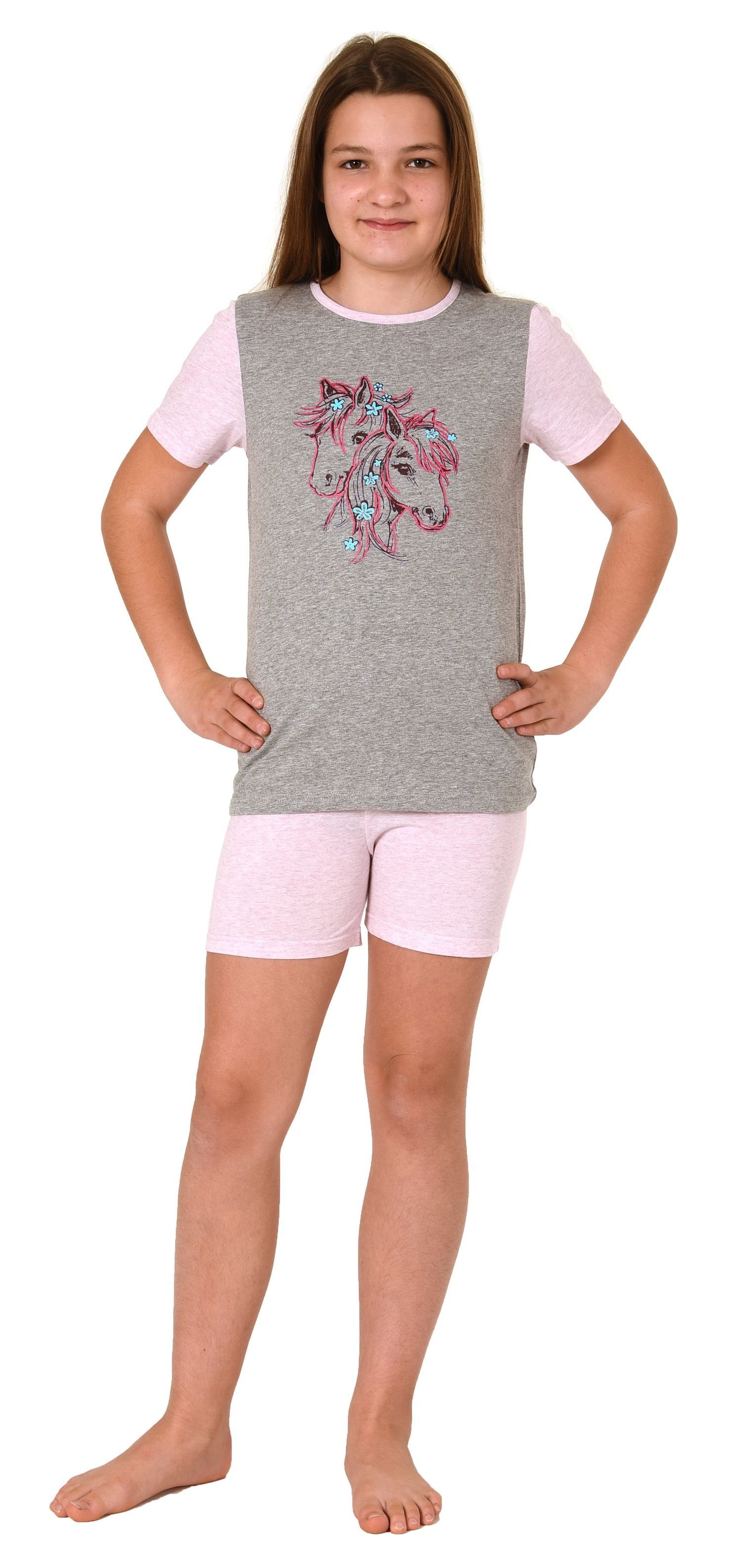 Normann Pyjama Mädchen Shorty Pyjama, kurzarm mit Pferde-Motiv - 122 10 701 grau