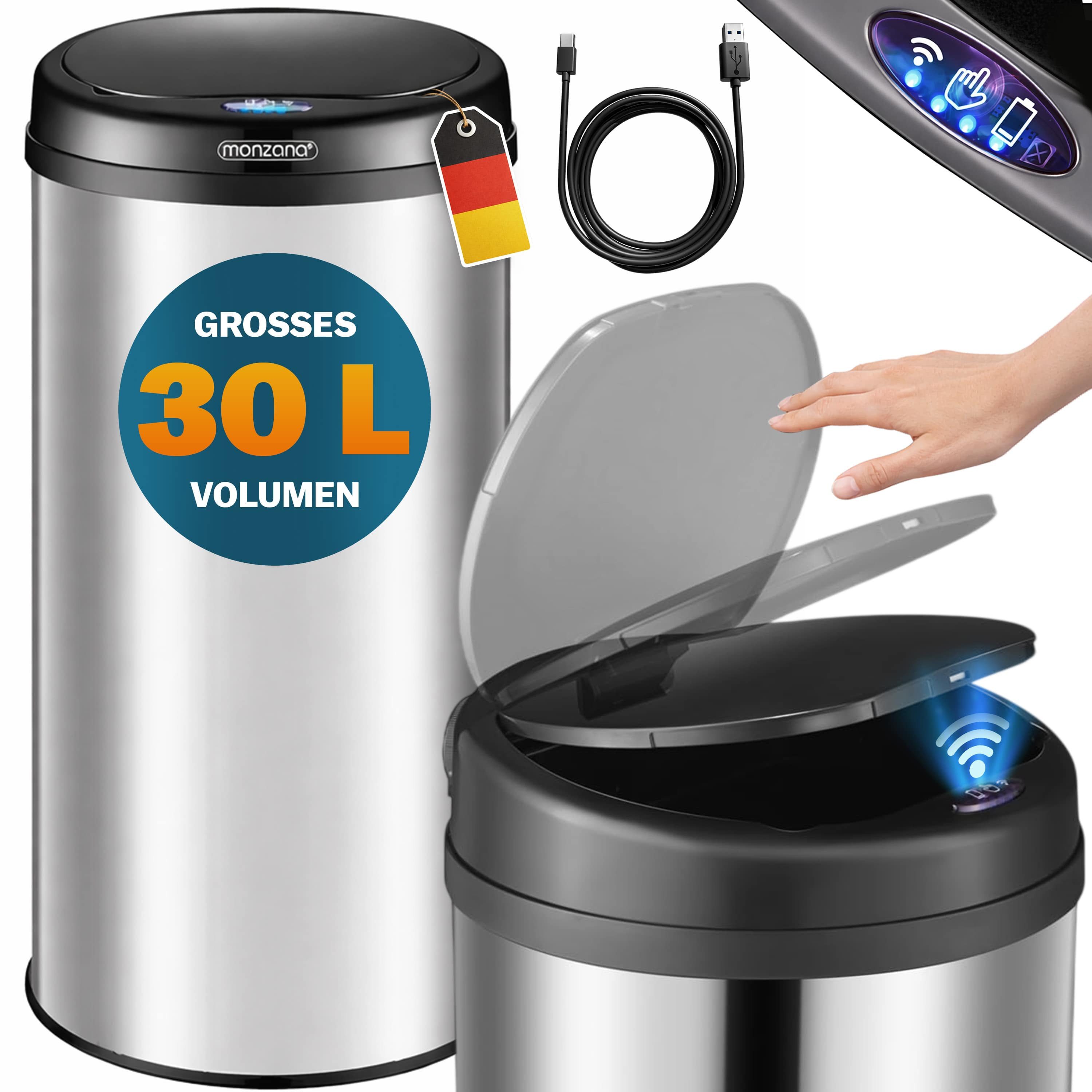monzana Mülleimer, 30 L Automatik Sensor Mülleimer LED Display Müllbehälter berührungslos