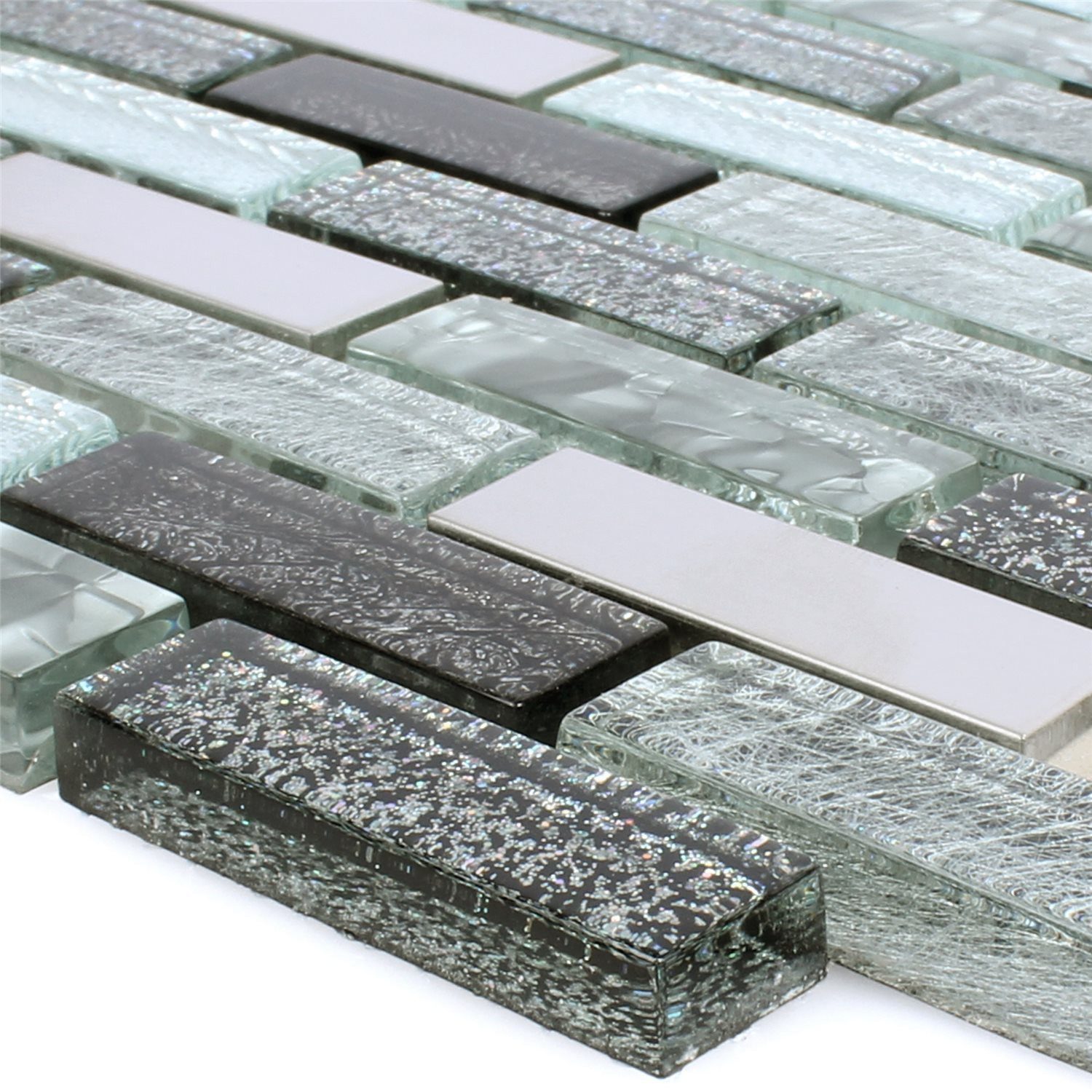 Mosafil Mosaikfliesen Mosaikfliesen Felicitas Silber Grau Schwarz, Glas-Metall-Edelstahl 30.400x29.800, schwarz-grau-silber, Verlegefertig auf ein Netz geklebt - Wasserfest