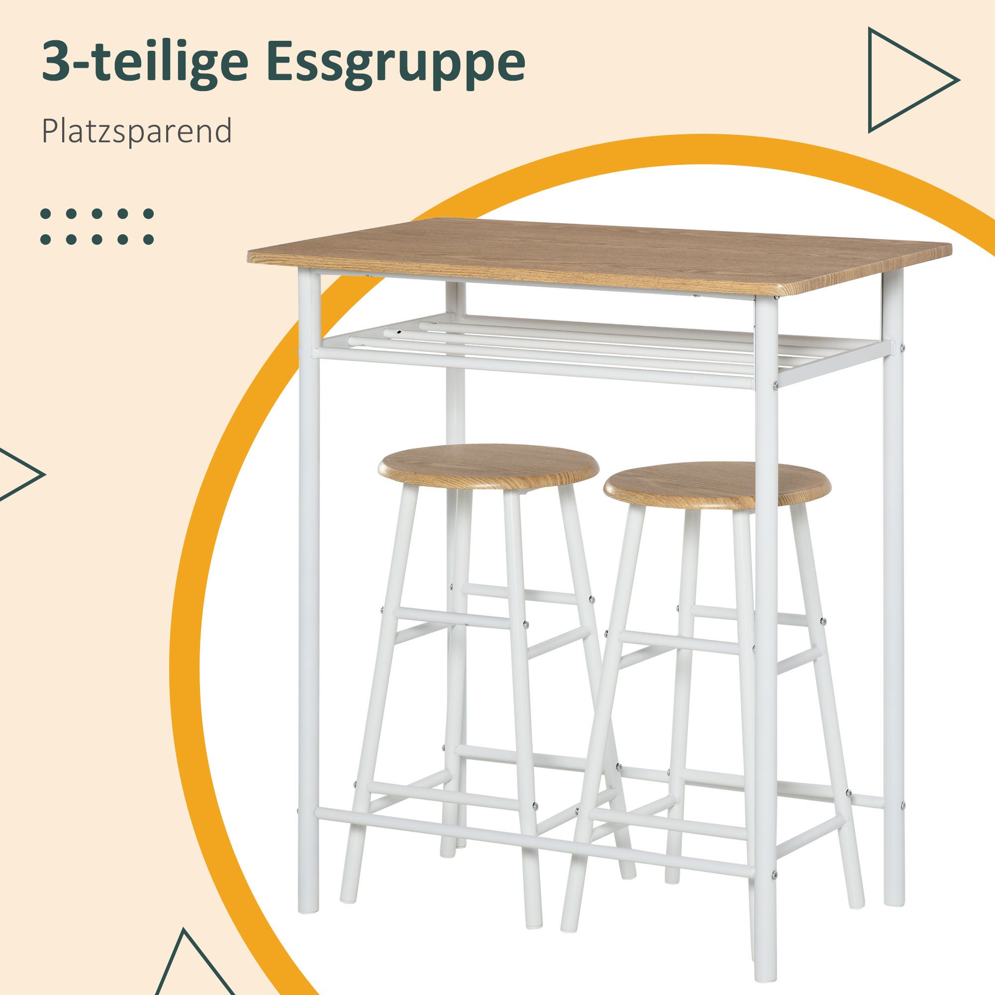 OKWISH Essgruppe 3‑tlg. Bartisch-Set in Weiß/Eiche mit 2 Barhockern, 80x50x90 cm, (Set, 3-tlg., aus MDF/Stahl mit Lagerregal für Esszimmer, Küche & Bistro), Stehtisch mit Barhockern–für den täglichen Gebrauch & kleine Räume