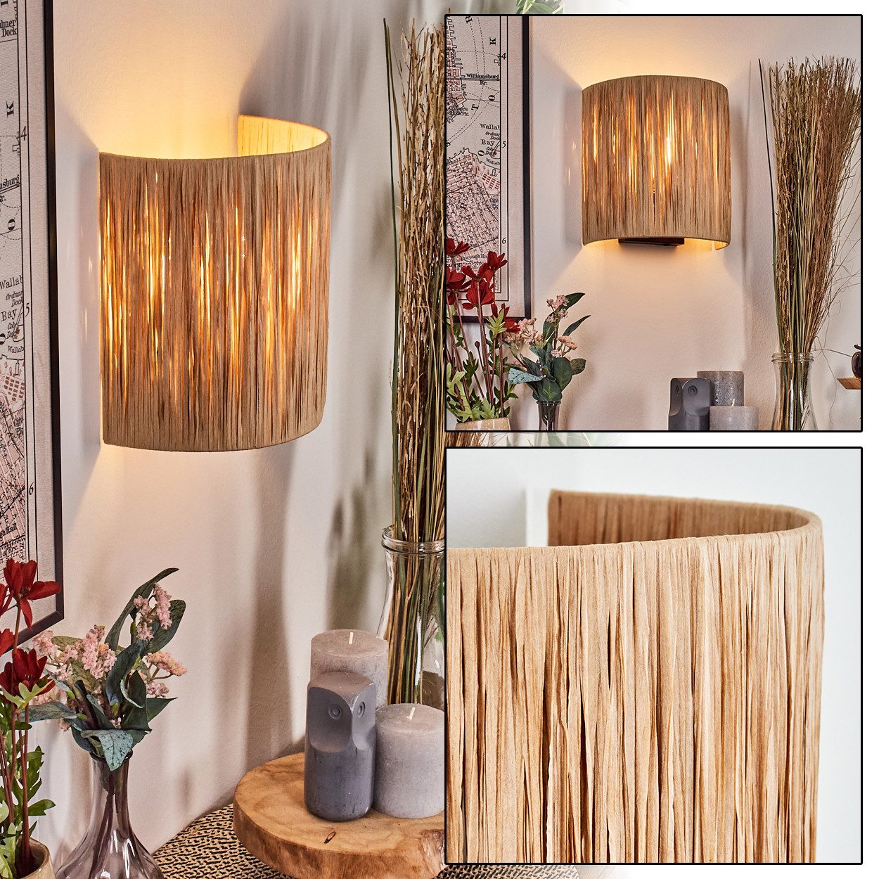 hofstein Wandleuchte Wandlampe aus Metall/Bast in Schwarz/Natur mit Lichtef günstig online kaufen