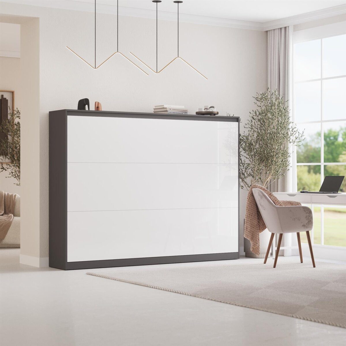 HeimLiving Schrankbett Classico 140/160 Horizontal Anthrazit/Weiß Hochglanzfront