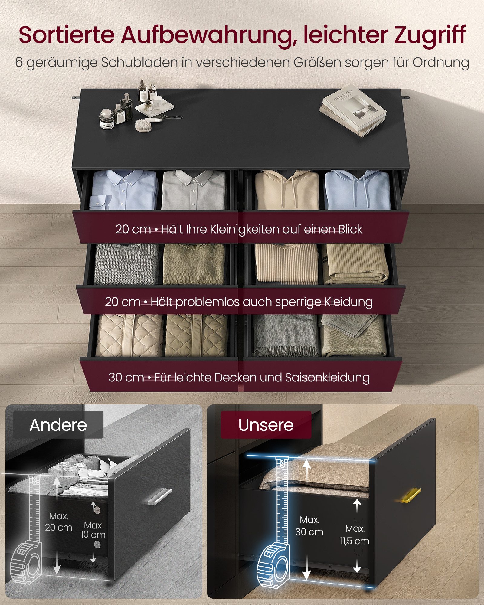 VASAGLE Kommode, Kommodenschrank, modern, Sideboard, Aufbewahrungsschrank, 6 Schubladen