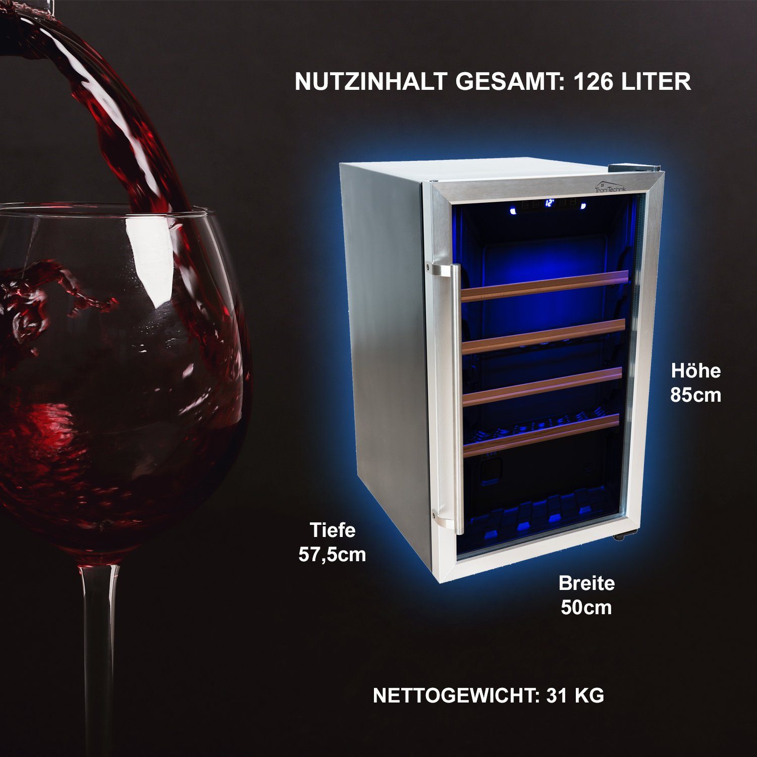 TroniTechnik Weinkühlschrank Trondhein mit 18°C, 126 für Fassungsvolumen 63 von 5°C beidseitig Liter blauem bis LED,Tür Flaschen,Temperatur montierbar mit