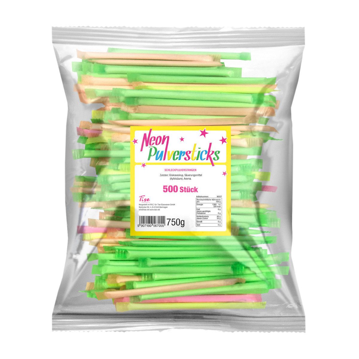 Tise Süßigkeit, Tise Neon Pulversticks mit Dextrosepulver 500 Stück Packung 750g