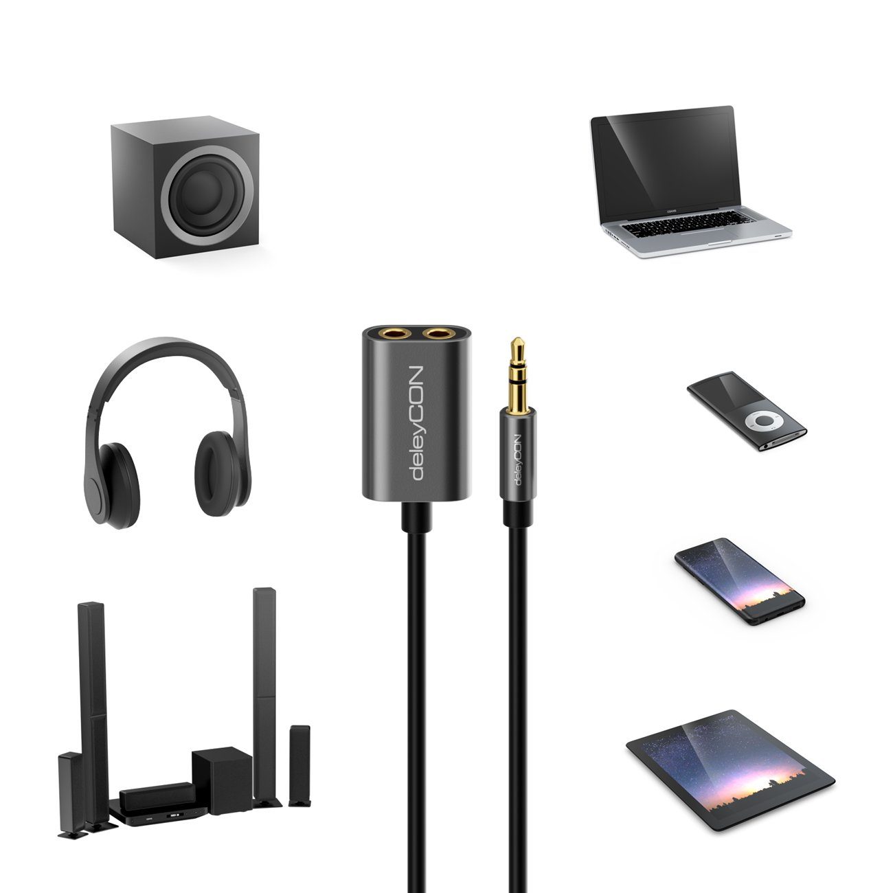 deleyCON deleyCON 3,5mm Klinke Splitter Audio Stereo AUX Adapter Kabel Audio-Kabel