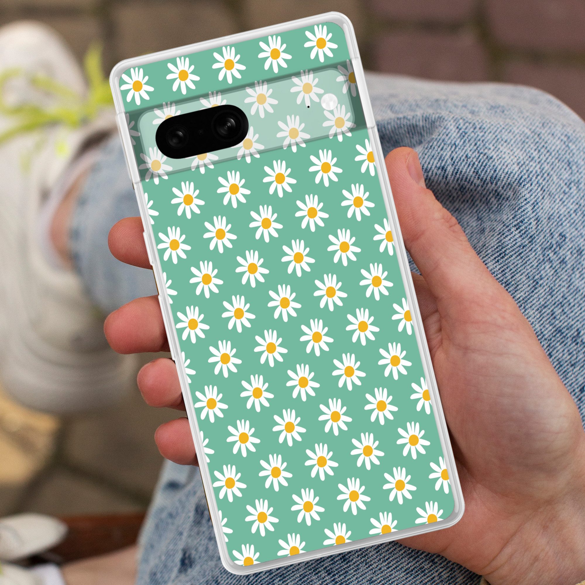 MuchoWow Handyhülle für Google Pixel 7 Gänseblümchen - Muster - Grün - Blumen, Phone Case, Silikon, Schutzhülle Dünn